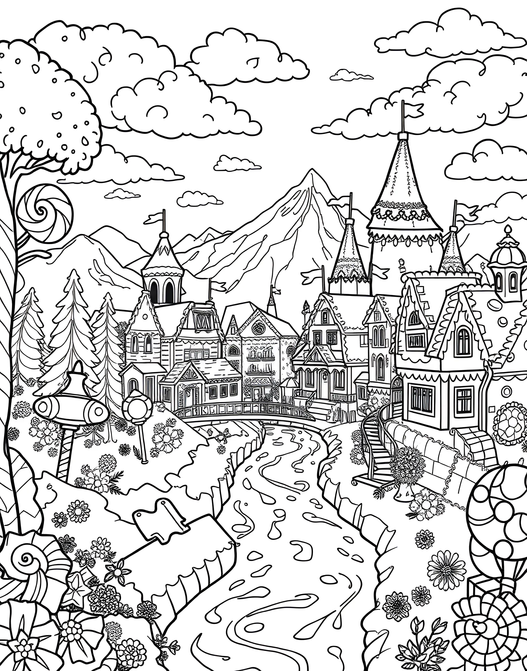 Candy Land Dreams Coloring Page -- prompt: "A fantasy landscape made entirely of various candies and sweets." -- Step into a world of sweets with this candy-themed coloring page. Lollipops, gumdrops, and candy canes create a fantastical landscape. It's a perfect opportunity to use bright, vibrant colors and let your imagination run wild.