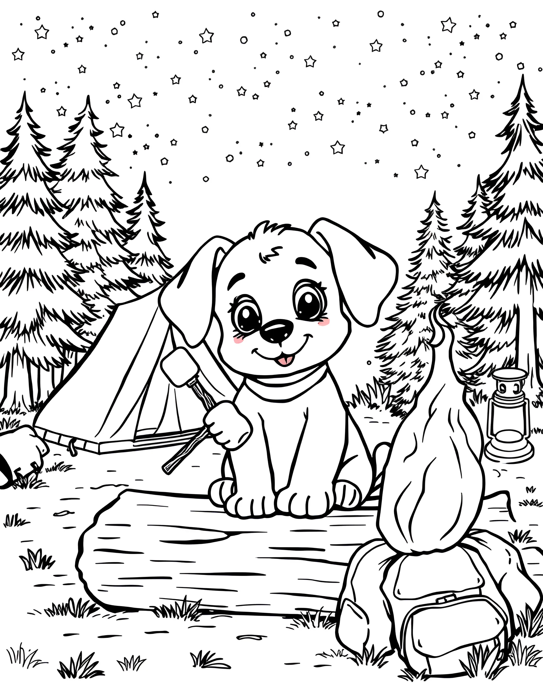 Puppy's Camping Adventure Coloring Page -- prompt: "A puppy sitting by a campfire, roasting a marshmallow on a stick, with a tent visible in the background." -- This outdoor-themed coloring page depicts a puppy on a camping trip. The pup is sitting by a campfire, roasting a marshmallow on a stick, with a tent in the background. It's an exciting scene that combines the cuteness of a puppy with the adventure of camping.