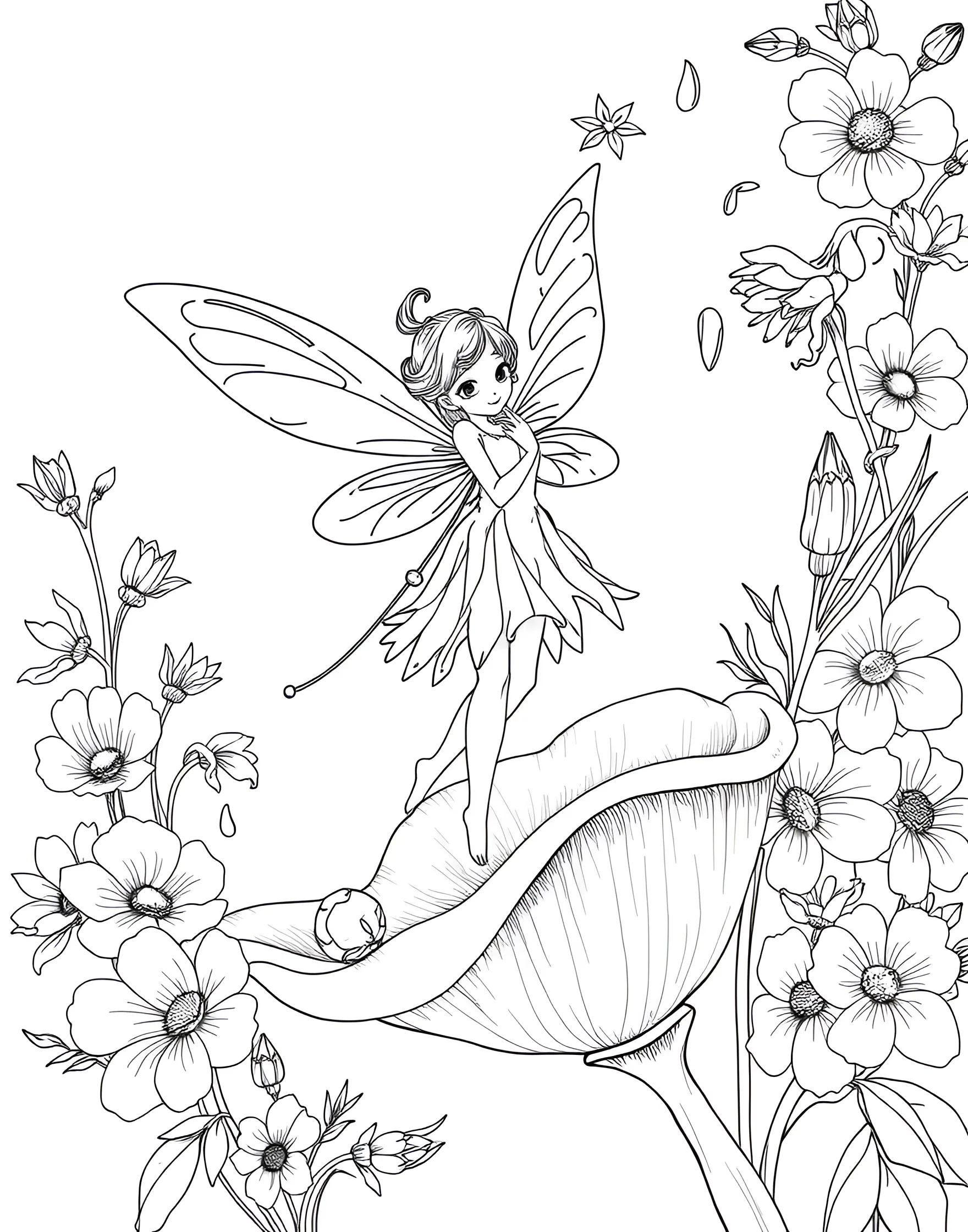 Fairy Collecting Morning Dew Coloring Page -- prompt: "A fairy collecting morning dew droplets from flower petals and leaves using tiny vials and a slender reed wand." -- This serene coloring page depicts a fairy carefully collecting droplets of morning dew from flower petals and leaves. She carries tiny vials and uses a slender reed as a wand to guide the dew. The surrounding garden is coming to life with the first light of dawn, offering a peaceful scene to color.