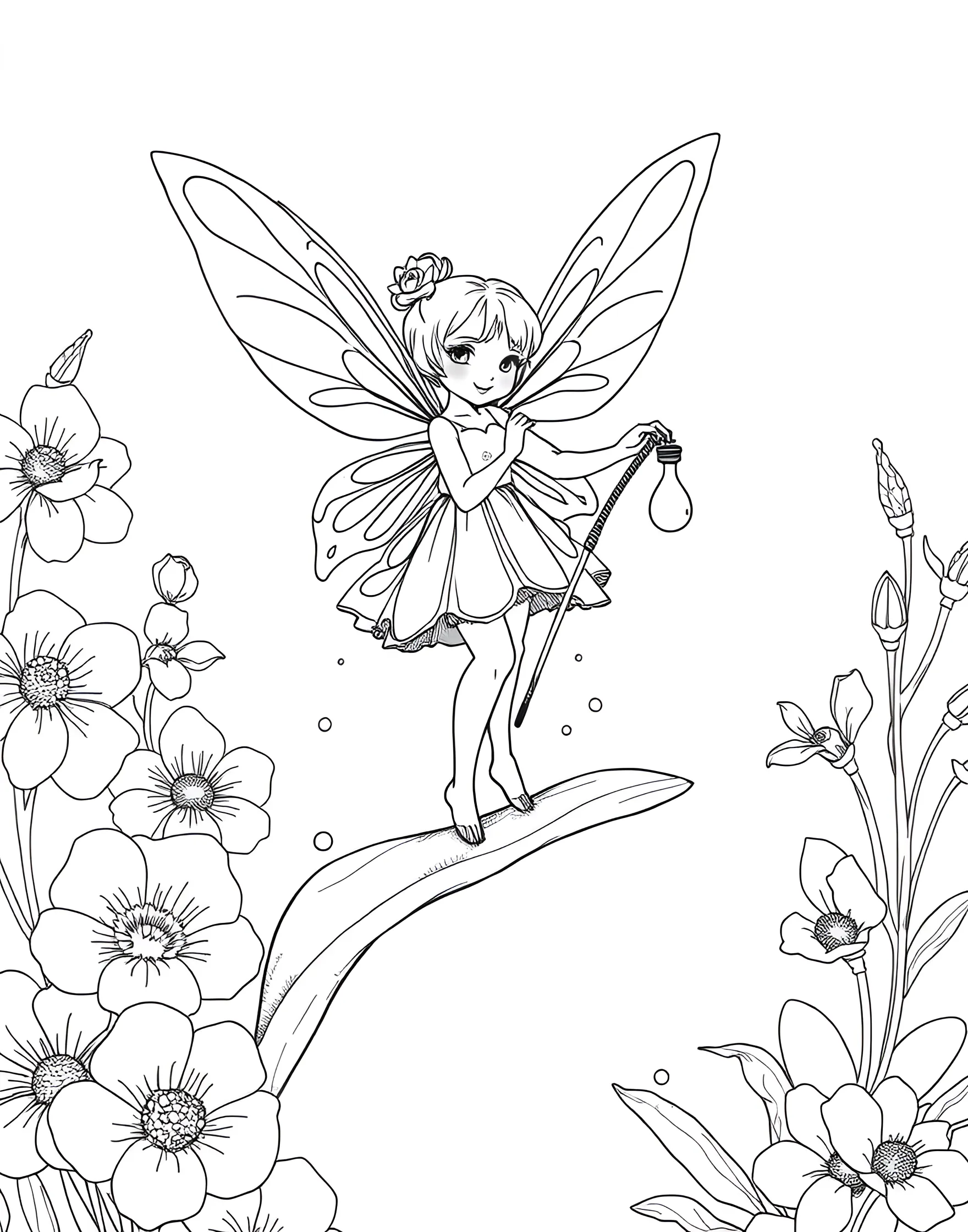 Fairy Collecting Morning Dew Coloring Page -- prompt: "A fairy collecting morning dew droplets from flower petals and leaves using tiny vials and a slender reed wand." -- This serene coloring page depicts a fairy carefully collecting droplets of morning dew from flower petals and leaves. She carries tiny vials and uses a slender reed as a wand to guide the dew. The surrounding garden is coming to life with the first light of dawn, offering a peaceful scene to color.