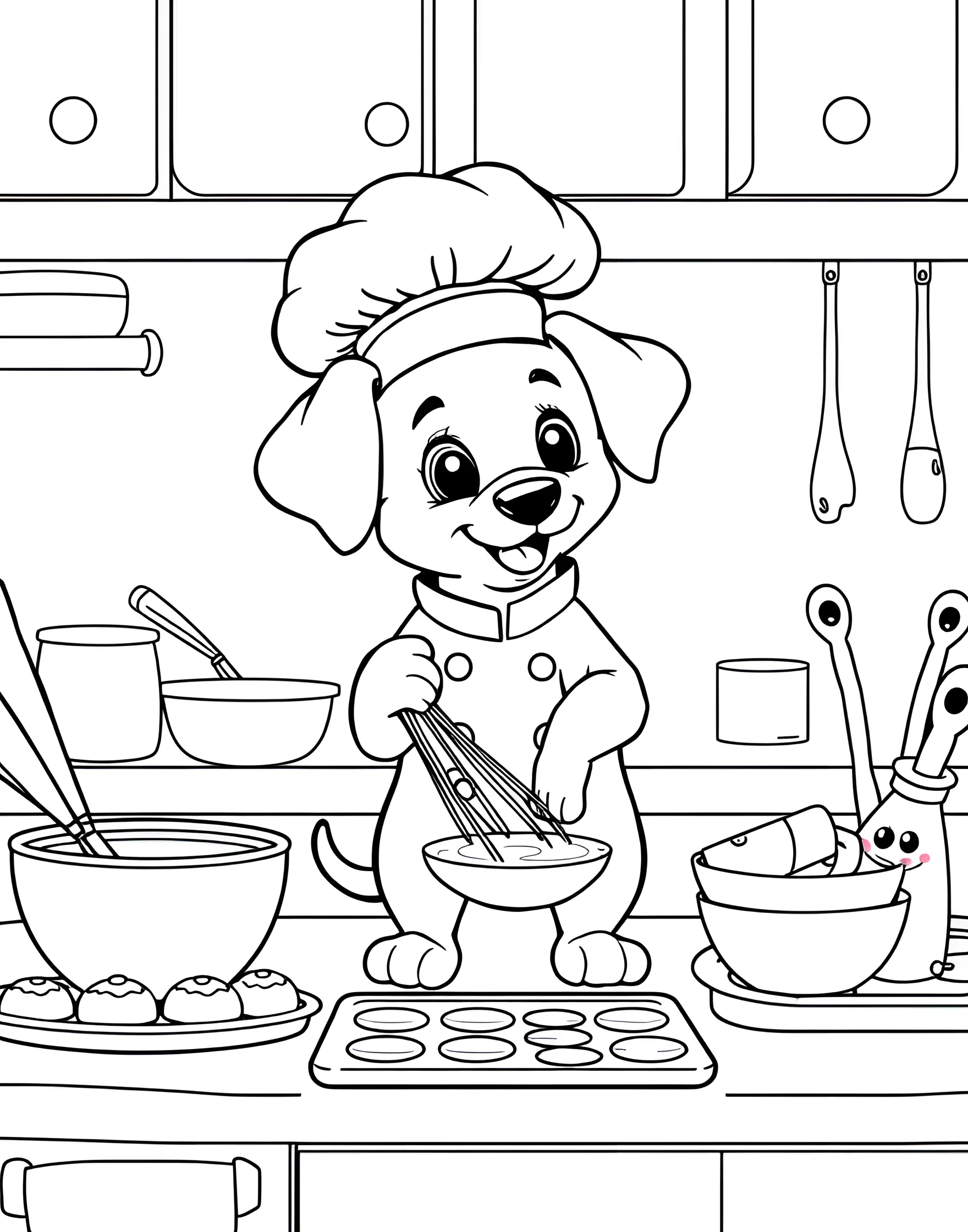 Cupcake Puppy's Baking Adventure Coloring Page -- prompt: "A puppy in a chef's hat baking cupcakes in a colorful kitchen filled with baking supplies." -- In this sweet and adorable coloring page, a cute puppy wearing a chef's hat is busy baking cupcakes in a colorful kitchen. Surrounded by mixing bowls, sprinkles, and a tower of frosted cupcakes, the puppy chef is having the time of its life. This page combines the cuteness of puppies with the joy of baking, perfect for young pastry chefs and animal lovers.