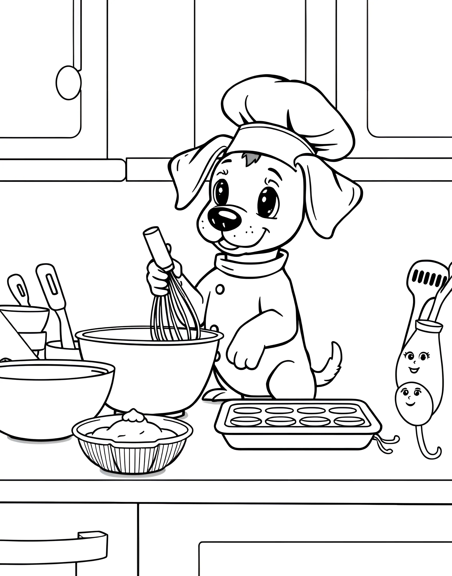 Cupcake Puppy's Baking Adventure Coloring Page -- prompt: "A puppy in a chef's hat baking cupcakes in a colorful kitchen filled with baking supplies." -- In this sweet and adorable coloring page, a cute puppy wearing a chef's hat is busy baking cupcakes in a colorful kitchen. Surrounded by mixing bowls, sprinkles, and a tower of frosted cupcakes, the puppy chef is having the time of its life. This page combines the cuteness of puppies with the joy of baking, perfect for young pastry chefs and animal lovers.