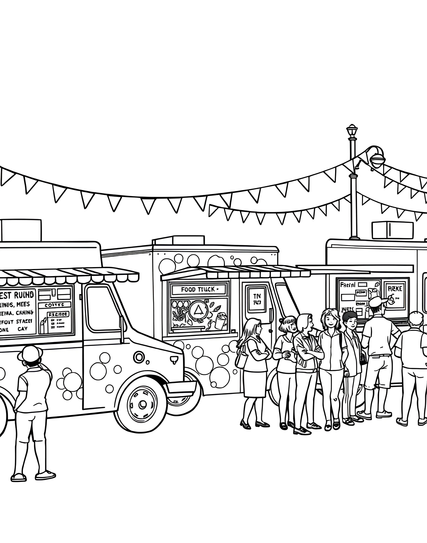 Food Truck Festival Coloring Page -- prompt: "Multiple food trucks parked side by side at a bustling food truck festival." -- Bring the taste of fun to your coloring session with this Food Truck Festival coloring page! A variety of colorful food trucks are shown lined up, each offering different cuisines and treats. This page allows kids to explore different types of food, imagine new flavor combinations, and even design their own dream food truck.