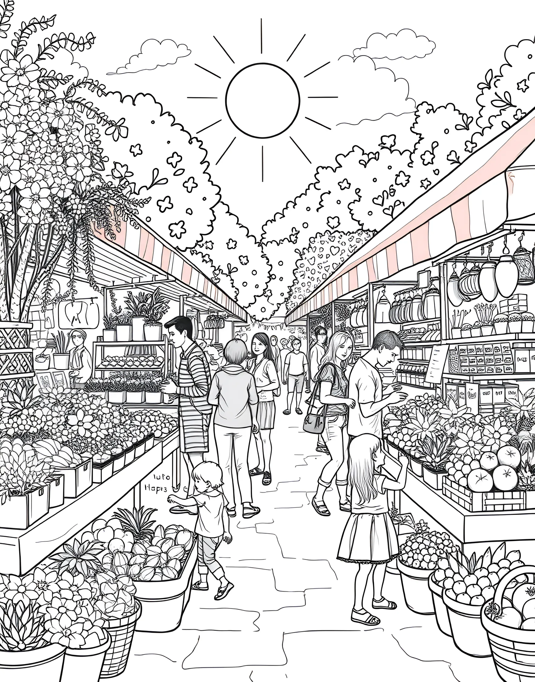 Summery Farmers' Market Coloring Page -- prompt: "A lively outdoor farmers' market with stalls of fresh produce and shoppers." -- Celebrate the bounty of summer with this bustling farmers' market scene. Stalls overflow with fresh fruits and vegetables, while shoppers browse the colorful produce. This page highlights the delicious flavors and community spirit of summer markets.