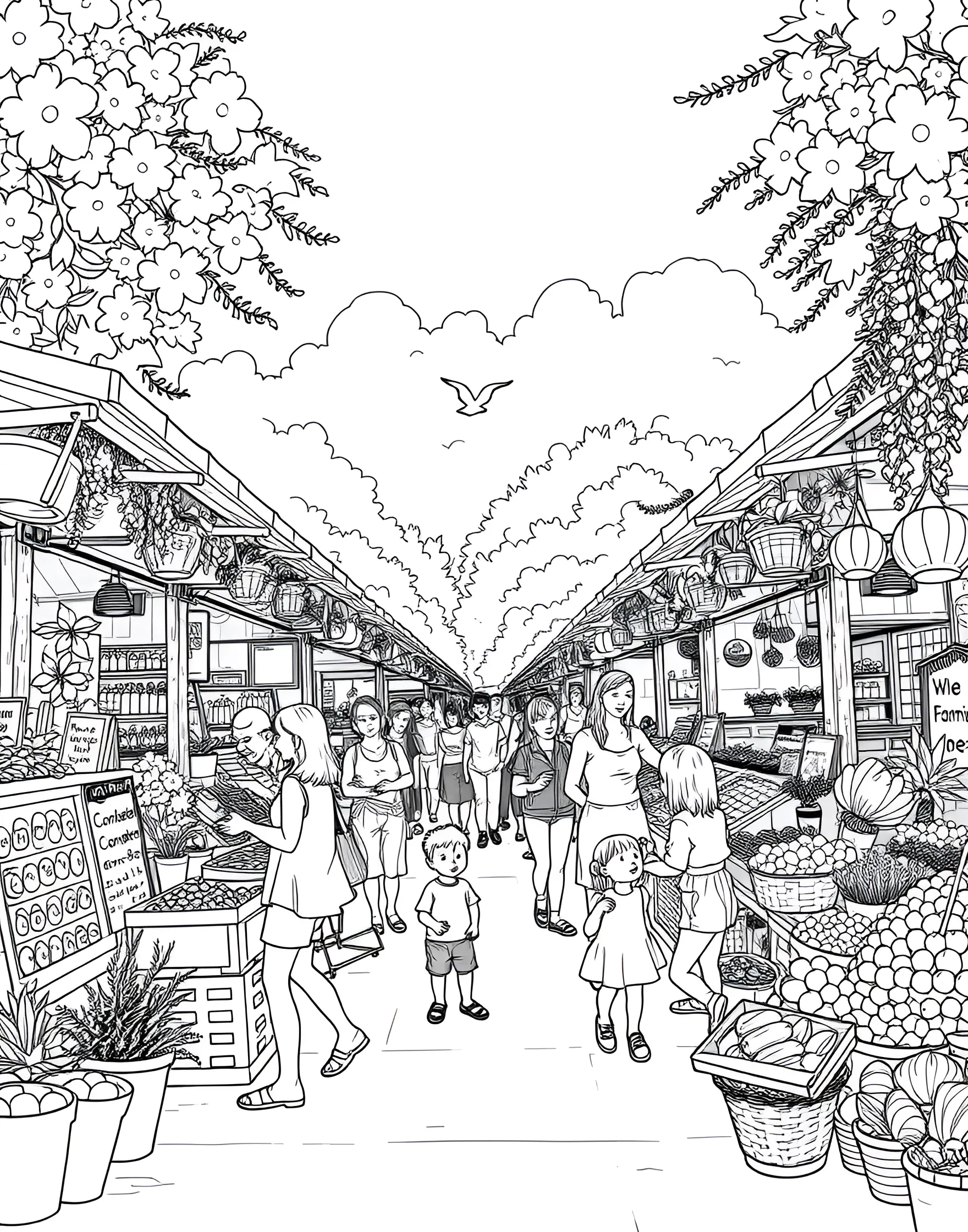 Summery Farmers' Market Coloring Page -- prompt: "A lively outdoor farmers' market with stalls of fresh produce and shoppers." -- Celebrate the bounty of summer with this bustling farmers' market scene. Stalls overflow with fresh fruits and vegetables, while shoppers browse the colorful produce. This page highlights the delicious flavors and community spirit of summer markets.