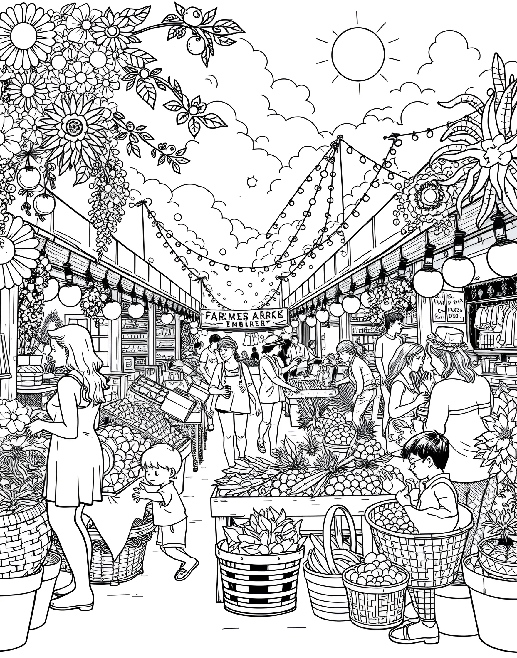 Summery Farmers' Market Coloring Page -- prompt: "A lively outdoor farmers' market with stalls of fresh produce and shoppers." -- Celebrate the bounty of summer with this bustling farmers' market scene. Stalls overflow with fresh fruits and vegetables, while shoppers browse the colorful produce. This page highlights the delicious flavors and community spirit of summer markets.