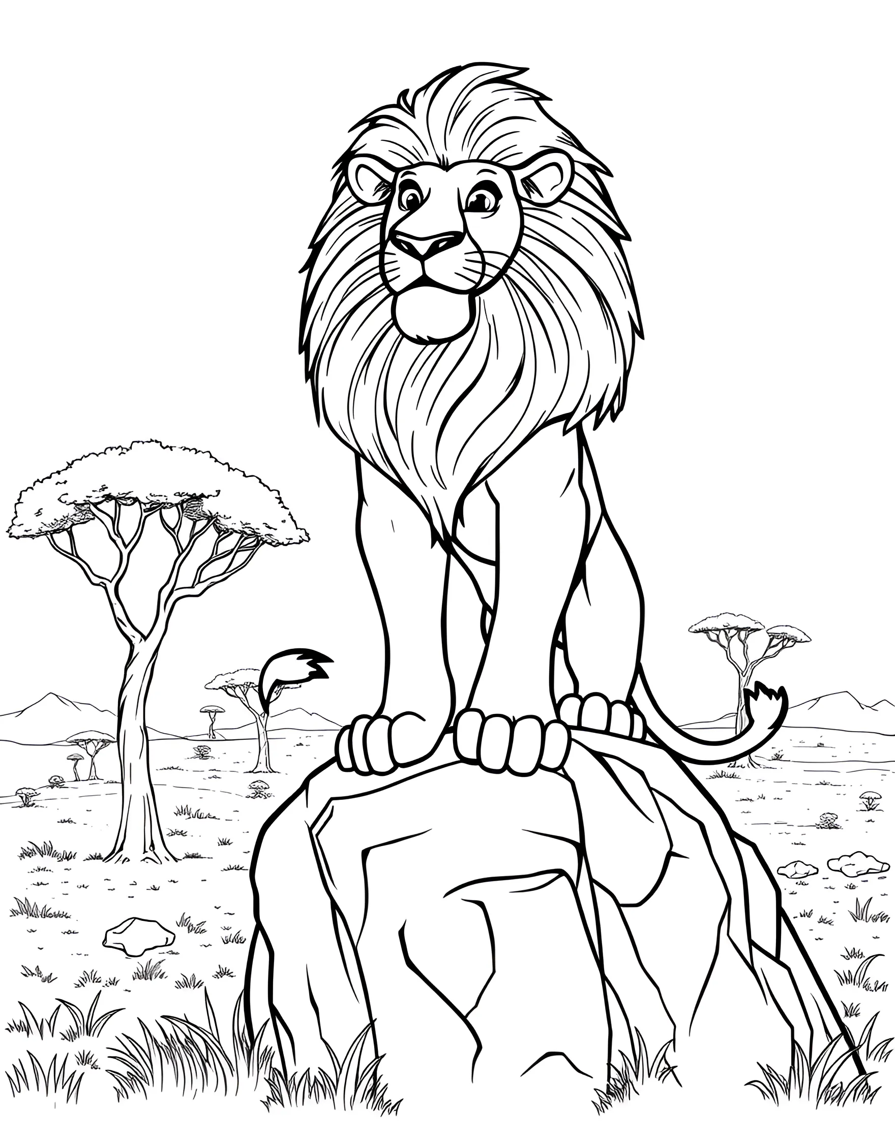 Majestic Lion with a Flowing Mane Coloring Page -- prompt: "A cartoon lion with a big mane standing on a rocky outcrop overlooking a savanna with acacia trees in the distance." -- This regal coloring page features a proud lion with an impressive, flowing mane. The lion's noble expression and powerful stance capture its status as the king of the jungle. This page is ideal for those who want to experiment with rich, earthy tones.