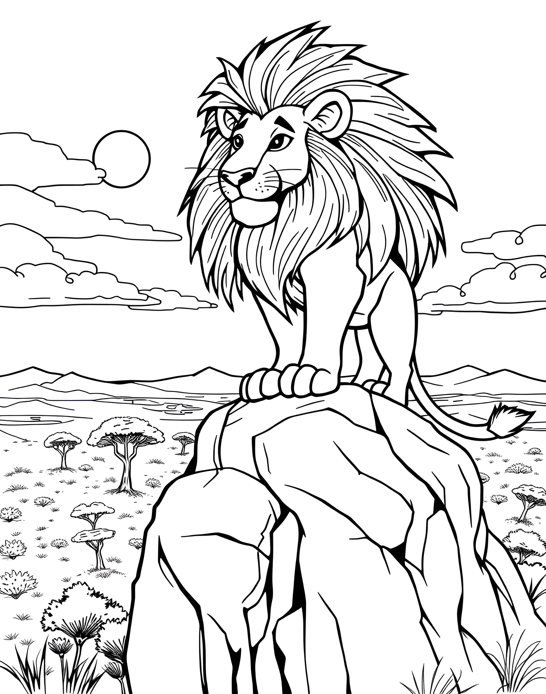 Majestic Lion with a Flowing Mane Coloring Page -- prompt: "A cartoon lion with a big mane standing on a rocky outcrop overlooking a savanna with acacia trees in the distance." -- This regal coloring page features a proud lion with an impressive, flowing mane. The lion's noble expression and powerful stance capture its status as the king of the jungle. This page is ideal for those who want to experiment with rich, earthy tones.