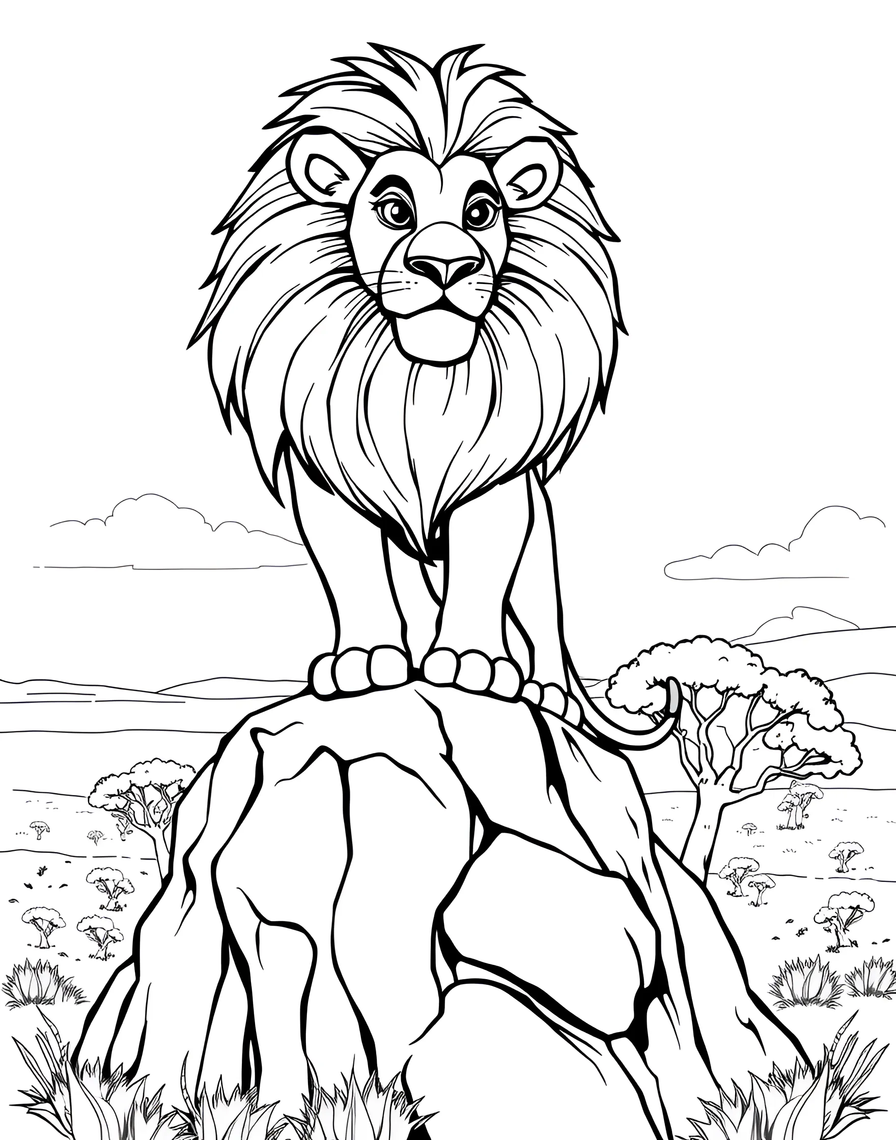 Majestic Lion with a Flowing Mane Coloring Page -- prompt: "A cartoon lion with a big mane standing on a rocky outcrop overlooking a savanna with acacia trees in the distance." -- This regal coloring page features a proud lion with an impressive, flowing mane. The lion's noble expression and powerful stance capture its status as the king of the jungle. This page is ideal for those who want to experiment with rich, earthy tones.