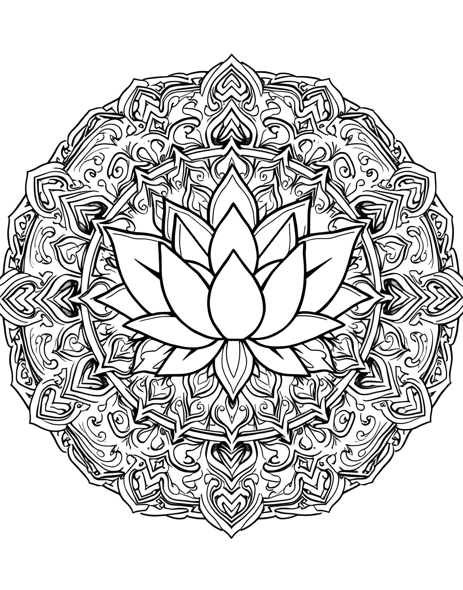 Blooming Lotus Mandala Coloring Page -- prompt: "A circular mandala design centered around a blooming lotus flower, with intricate patterns radiating outwards." -- This stunning mandala features a lotus flower at its center, surrounded by intricate patterns that radiate outwards. The delicate petals and swirling designs create a sense of harmony and balance. As you color, you'll find yourself drawn into the peaceful world of this beautiful lotus mandala.