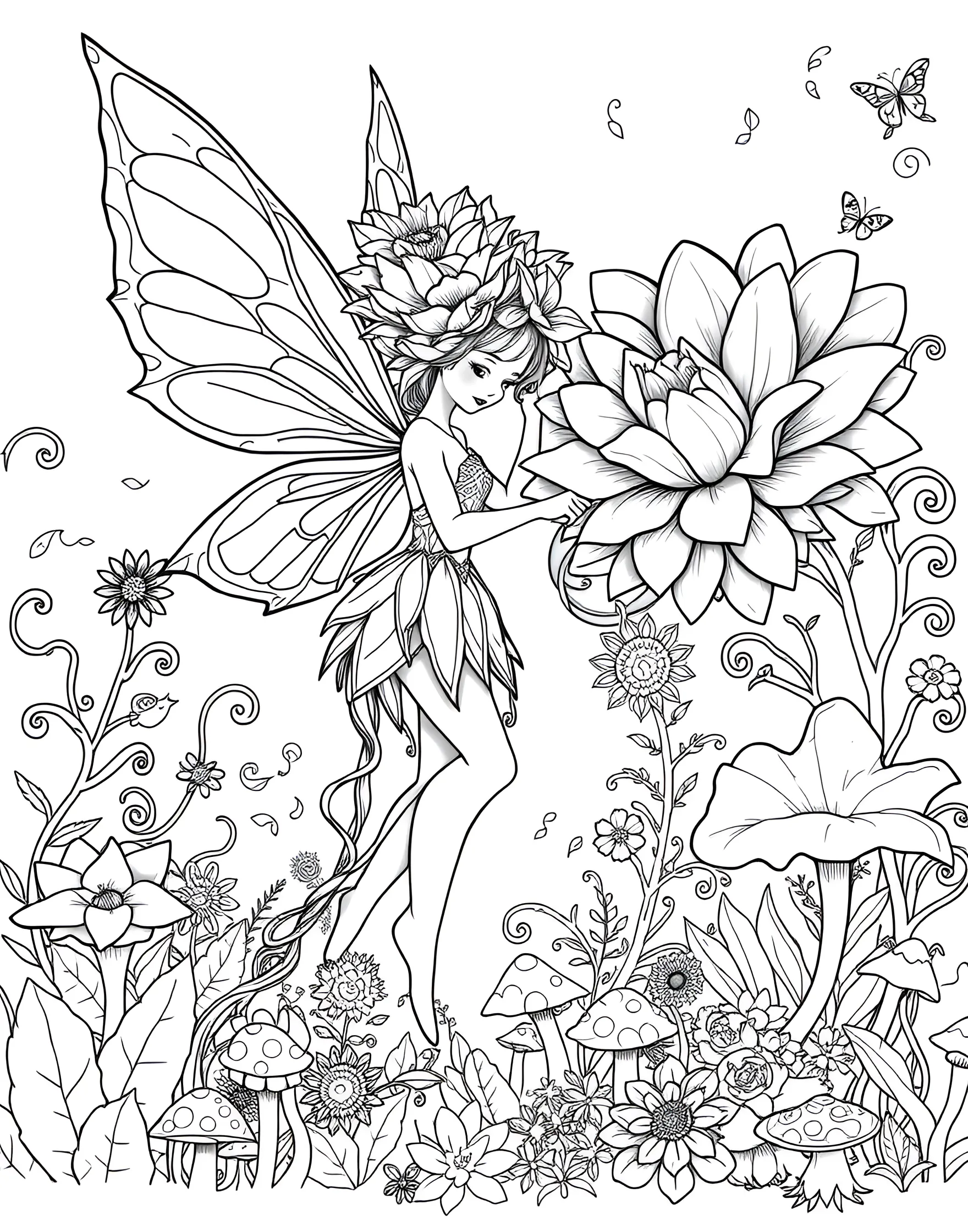 Fairy Gardener Tending to Magical Flowers Coloring Page -- prompt: "A fairy wearing a flower petal hat, watering oversized magical flowers in an enchanted garden." -- In this whimsical scene, a diligent fairy tends to her enchanted garden filled with oversized, fantastical flowers. She carries a tiny watering can and wears a hat made from a flower petal. The surrounding plants have unique, magical characteristics that are sure to inspire creative coloring choices.