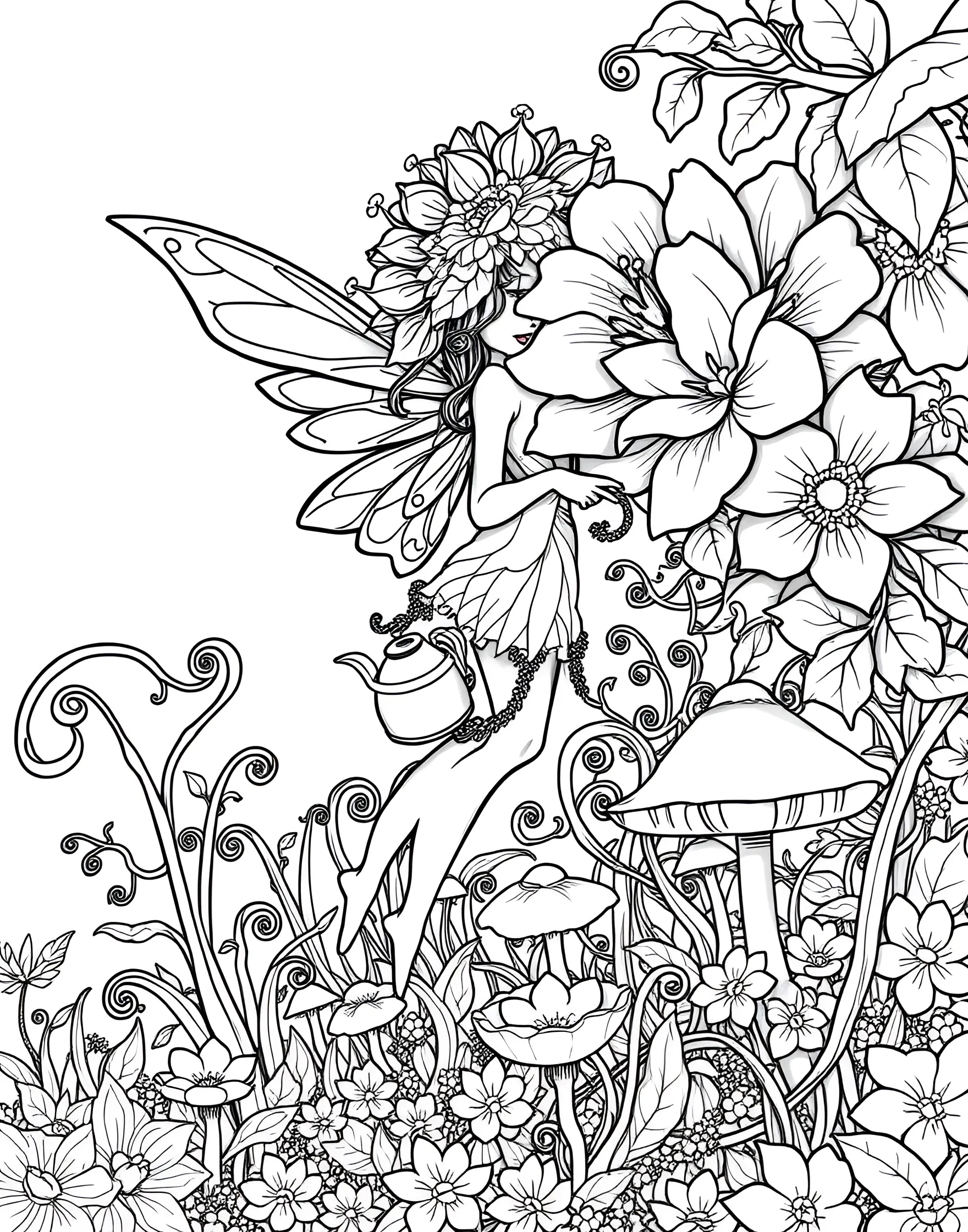 Fairy Gardener Tending to Magical Flowers Coloring Page -- prompt: "A fairy wearing a flower petal hat, watering oversized magical flowers in an enchanted garden." -- In this whimsical scene, a diligent fairy tends to her enchanted garden filled with oversized, fantastical flowers. She carries a tiny watering can and wears a hat made from a flower petal. The surrounding plants have unique, magical characteristics that are sure to inspire creative coloring choices.