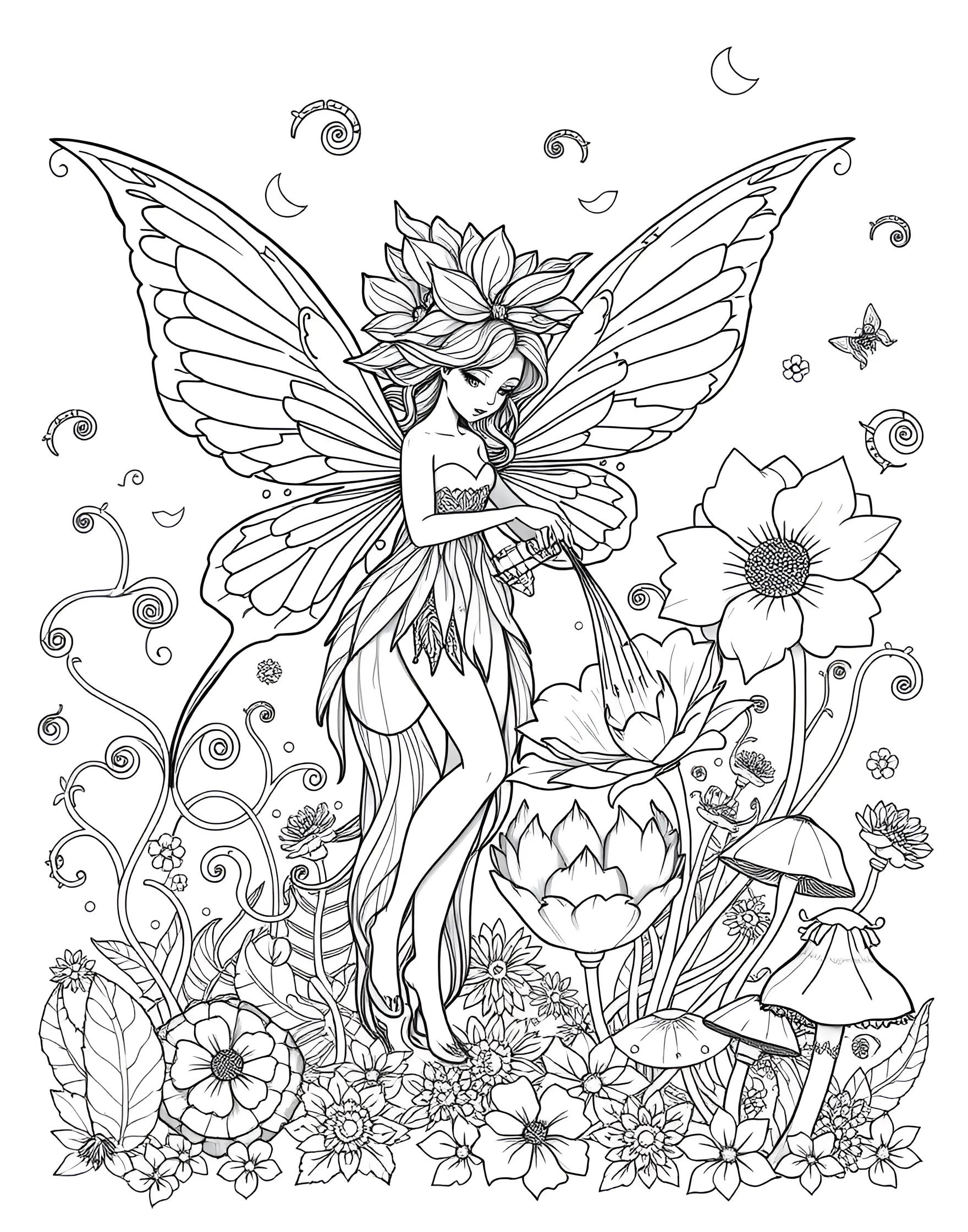 Fairy Gardener Tending to Magical Flowers Coloring Page -- prompt: "A fairy wearing a flower petal hat, watering oversized magical flowers in an enchanted garden." -- In this whimsical scene, a diligent fairy tends to her enchanted garden filled with oversized, fantastical flowers. She carries a tiny watering can and wears a hat made from a flower petal. The surrounding plants have unique, magical characteristics that are sure to inspire creative coloring choices.