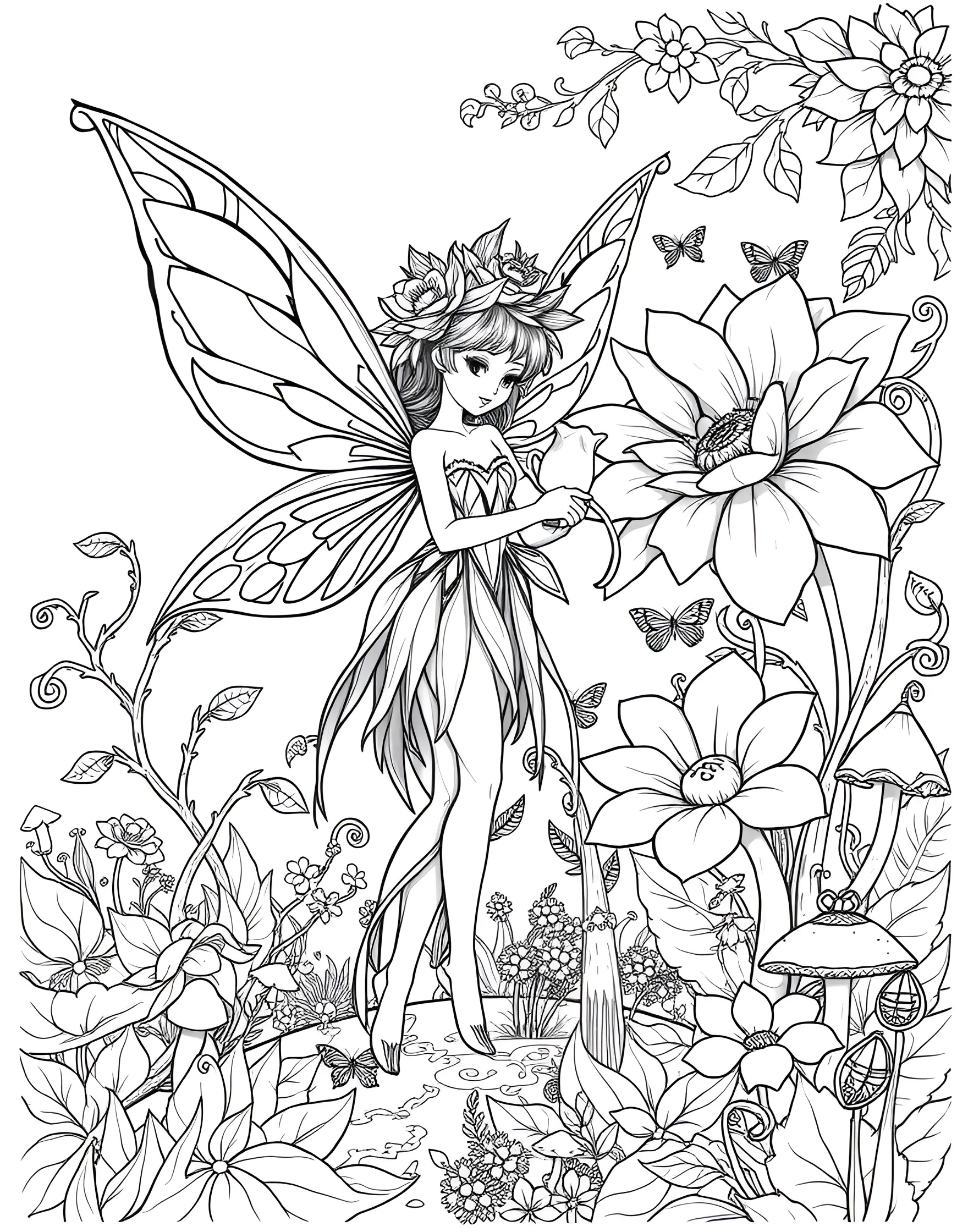 Fairy Gardener Tending to Magical Flowers Coloring Page -- prompt: "A fairy wearing a flower petal hat, watering oversized magical flowers in an enchanted garden." -- In this whimsical scene, a diligent fairy tends to her enchanted garden filled with oversized, fantastical flowers. She carries a tiny watering can and wears a hat made from a flower petal. The surrounding plants have unique, magical characteristics that are sure to inspire creative coloring choices.