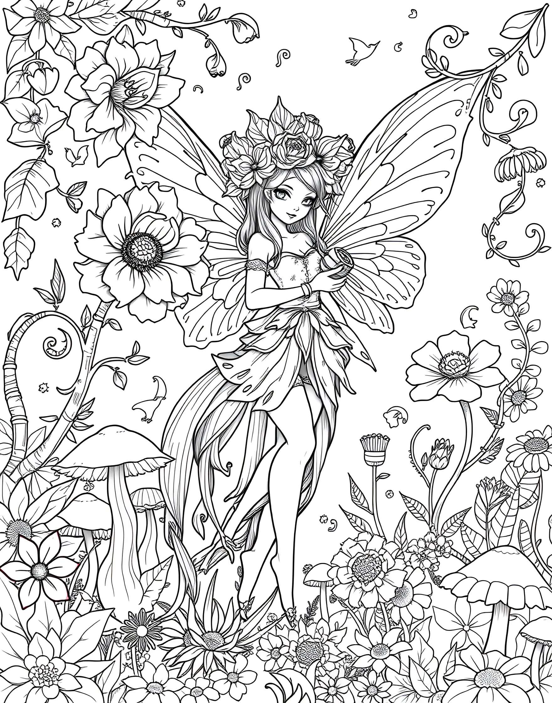 Fairy Gardener Tending to Magical Flowers Coloring Page -- prompt: "A fairy wearing a flower petal hat, watering oversized magical flowers in an enchanted garden." -- In this whimsical scene, a diligent fairy tends to her enchanted garden filled with oversized, fantastical flowers. She carries a tiny watering can and wears a hat made from a flower petal. The surrounding plants have unique, magical characteristics that are sure to inspire creative coloring choices.