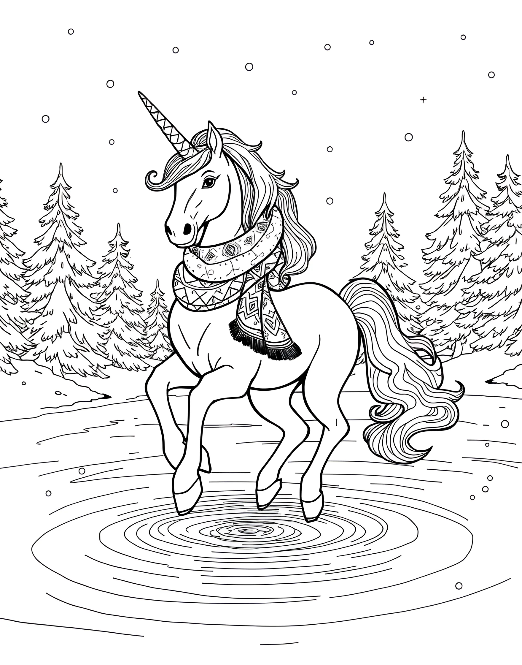 Unicorn Ice Skating Coloring Page -- prompt: "A unicorn wearing a scarf and hat, ice skating on a frozen pond surrounded by snowy trees." -- Glide into winter fun with this charming coloring page of a unicorn ice skating. Wearing a cute scarf and hat, the unicorn gracefully skates across a frozen pond. This page is ideal for those who love winter themes and playful, seasonal activities.