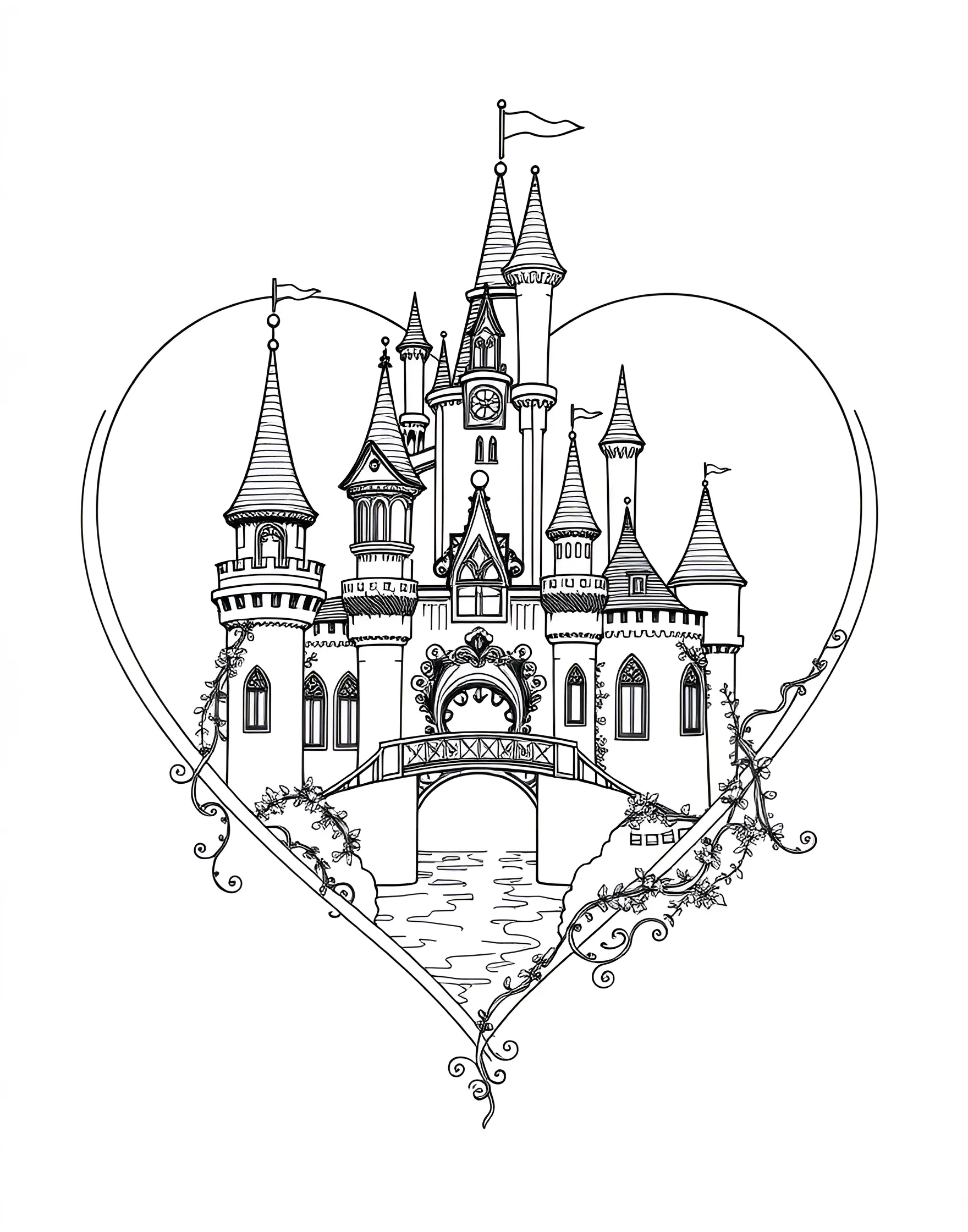 Fairy Tale Castle Heart Coloring Page -- prompt: "A heart containing a fairy tale castle with turrets, towers, and a drawbridge." -- This magical coloring page features a heart containing a whimsical fairy tale castle. Turrets, towers, and flags adorn the castle, while a drawbridge and moat complete the enchanting scene. This page is perfect for those who believe in the magic of love and enjoy a touch of fantasy in their art.