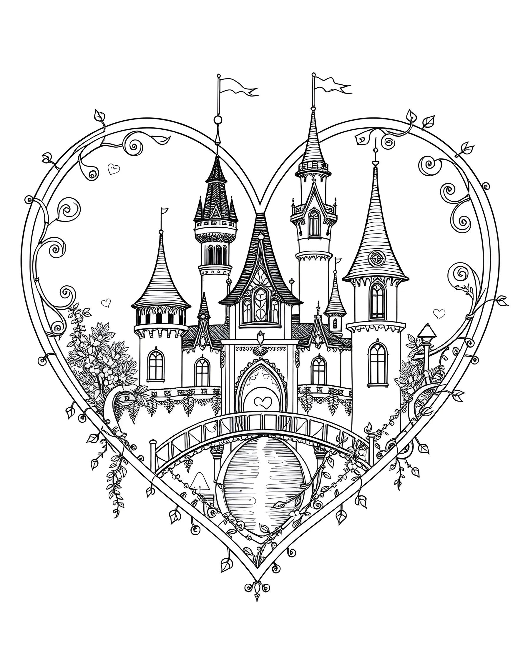 Fairy Tale Castle Heart Coloring Page -- prompt: "A heart containing a fairy tale castle with turrets, towers, and a drawbridge." -- This magical coloring page features a heart containing a whimsical fairy tale castle. Turrets, towers, and flags adorn the castle, while a drawbridge and moat complete the enchanting scene. This page is perfect for those who believe in the magic of love and enjoy a touch of fantasy in their art.