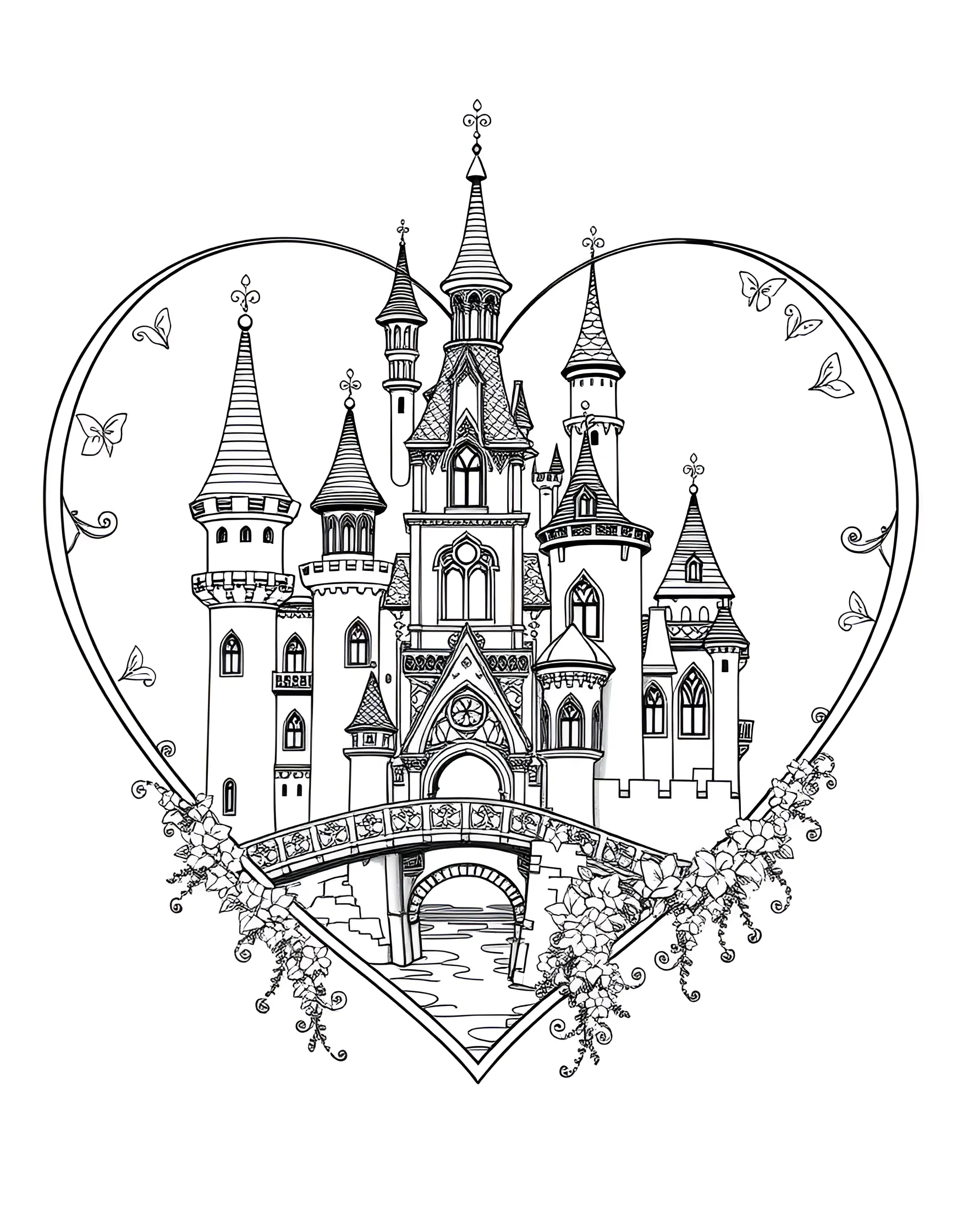 Fairy Tale Castle Heart Coloring Page -- prompt: "A heart containing a fairy tale castle with turrets, towers, and a drawbridge." -- This magical coloring page features a heart containing a whimsical fairy tale castle. Turrets, towers, and flags adorn the castle, while a drawbridge and moat complete the enchanting scene. This page is perfect for those who believe in the magic of love and enjoy a touch of fantasy in their art.