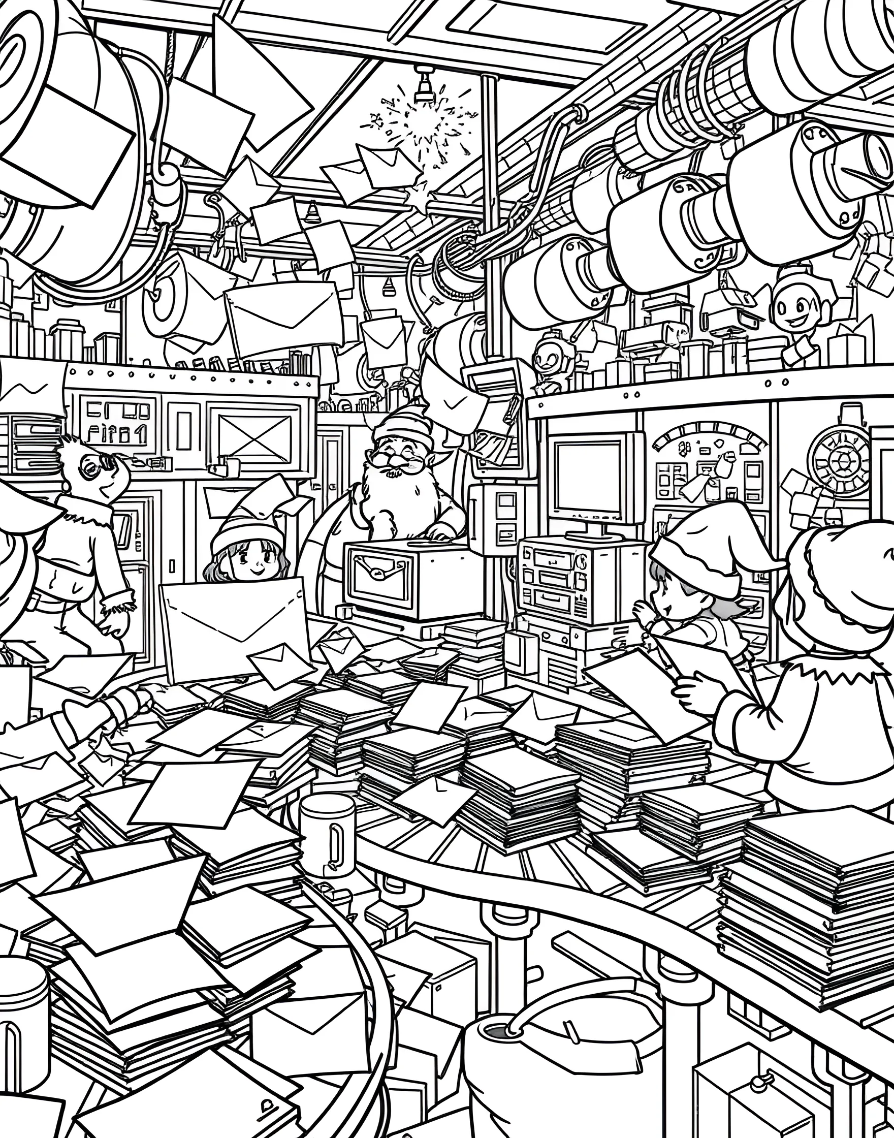 North Pole Mail Room Coloring Page -- prompt: "Elves in Santa's North Pole mail room sorting letters with magical sorting machines." -- Dive into the bustling North Pole mail room with this whimsical coloring page. Elves sort through piles of letters to Santa, while magical conveyor belts whisk envelopes away. A giant map tracks Santa's upcoming route.