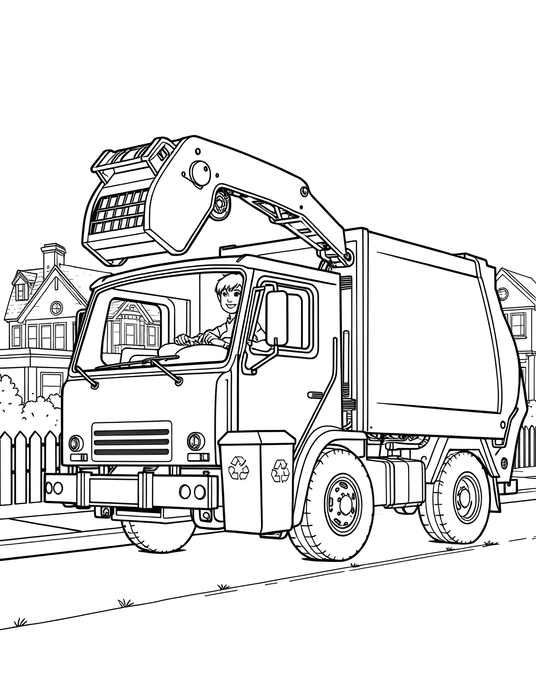 Garbage Truck Clean-Up Crew Coloring Page -- prompt: "A garbage truck collecting trash bins on a suburban street." -- Keep the neighborhood tidy with this Garbage Truck Clean-Up Crew coloring page! The hard-working garbage truck is shown collecting trash bins, demonstrating the important job of waste management. This page provides a great opportunity to discuss recycling and keeping our communities clean while enjoying some coloring fun.