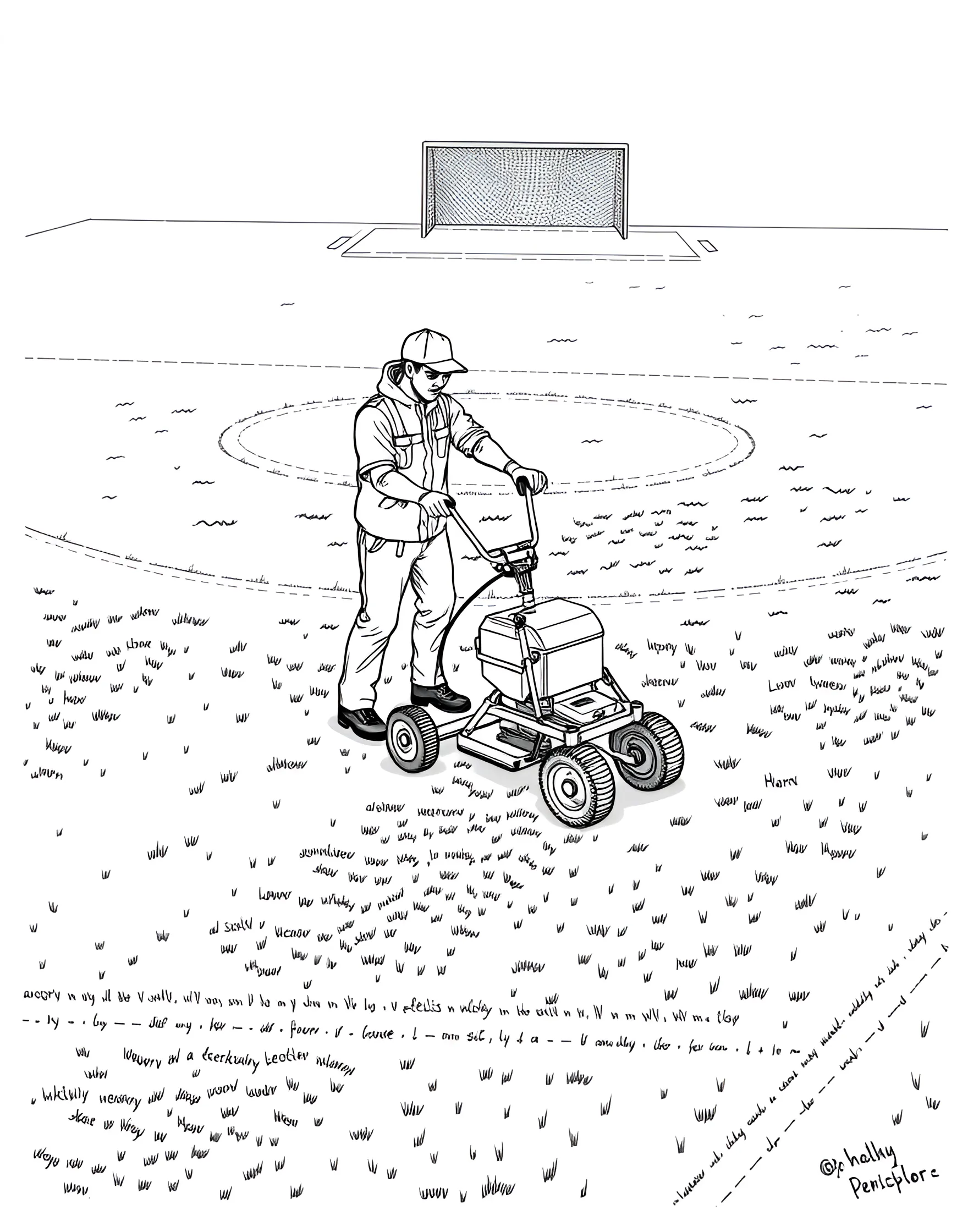 Soccer Pitch Line Marking Coloring Page -- prompt: "A groundskeeper using a machine to mark lines on a soccer field." -- This behind-the-scenes coloring page depicts the process of marking lines on a soccer pitch. It shows a groundskeeper using a line-marking machine to create crisp white lines. This page offers insight into field preparation and maintenance.