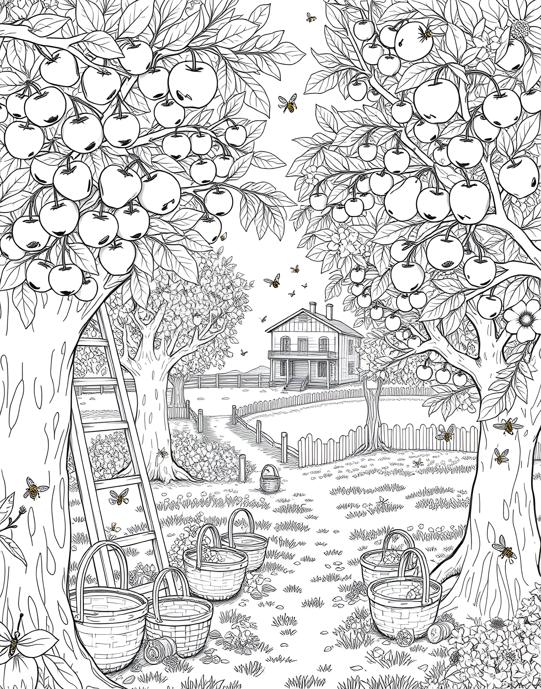 Fruit Tree Orchard Coloring Page -- prompt: "An orchard scene with various fruit trees bearing ripe fruits, ready for harvest." -- Explore nature's bounty with this fruit tree orchard coloring page. Various fruit trees laden with ripe fruits create a lush and abundant scene. It's an excellent opportunity to use a variety of colors and learn about different fruit trees.