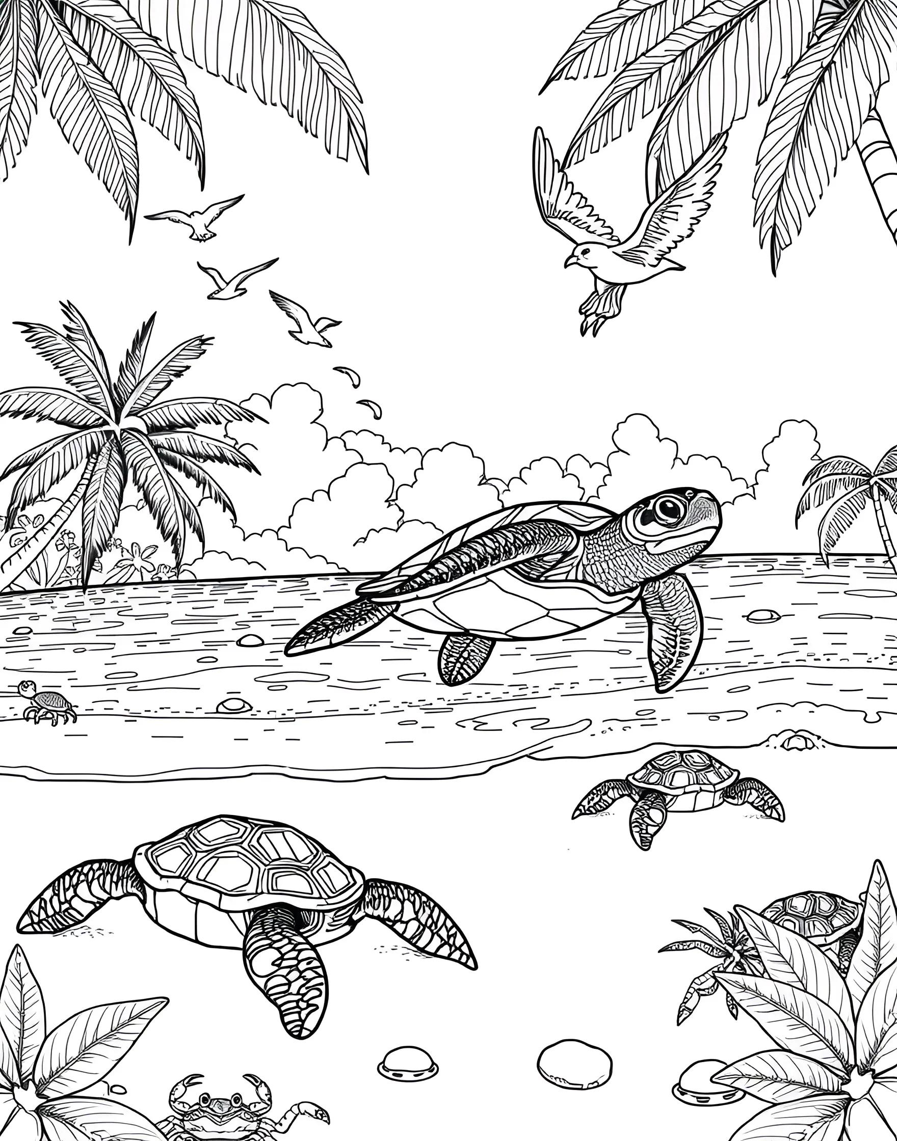 Tropical Beach Wildlife Coloring Page -- prompt: "A tropical beach scene with diverse wildlife including sea turtles, birds, and crabs in their natural habitat." -- Discover the diverse wildlife of a tropical beach with this nature-focused coloring page. The scene showcases various animals like sea turtles nesting on the sand, colorful birds perched in palm trees, and crabs scuttling along the shore. It's a celebration of the rich ecosystems found in coastal areas.