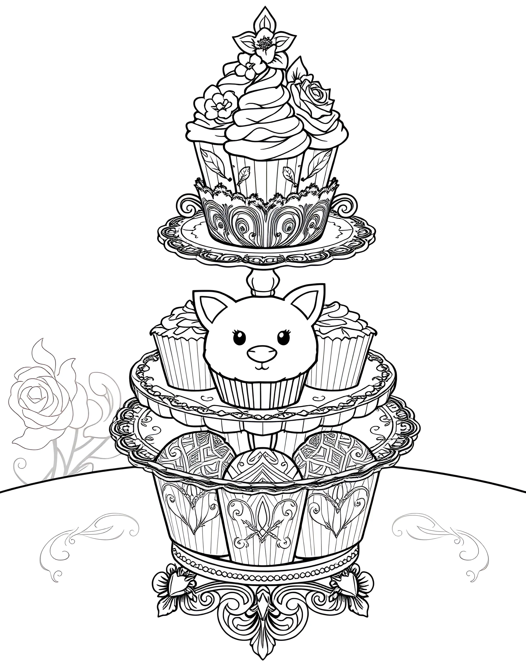 Cupcake Carousel Coloring Page -- prompt: "A display of various decorated cupcakes on a tiered stand." -- Indulge your sweet tooth with this delightful cupcake coloring page. A variety of decorated cupcakes are on display, each with its own unique toppings and designs. It's a perfect page for experimenting with different color combinations and patterns.