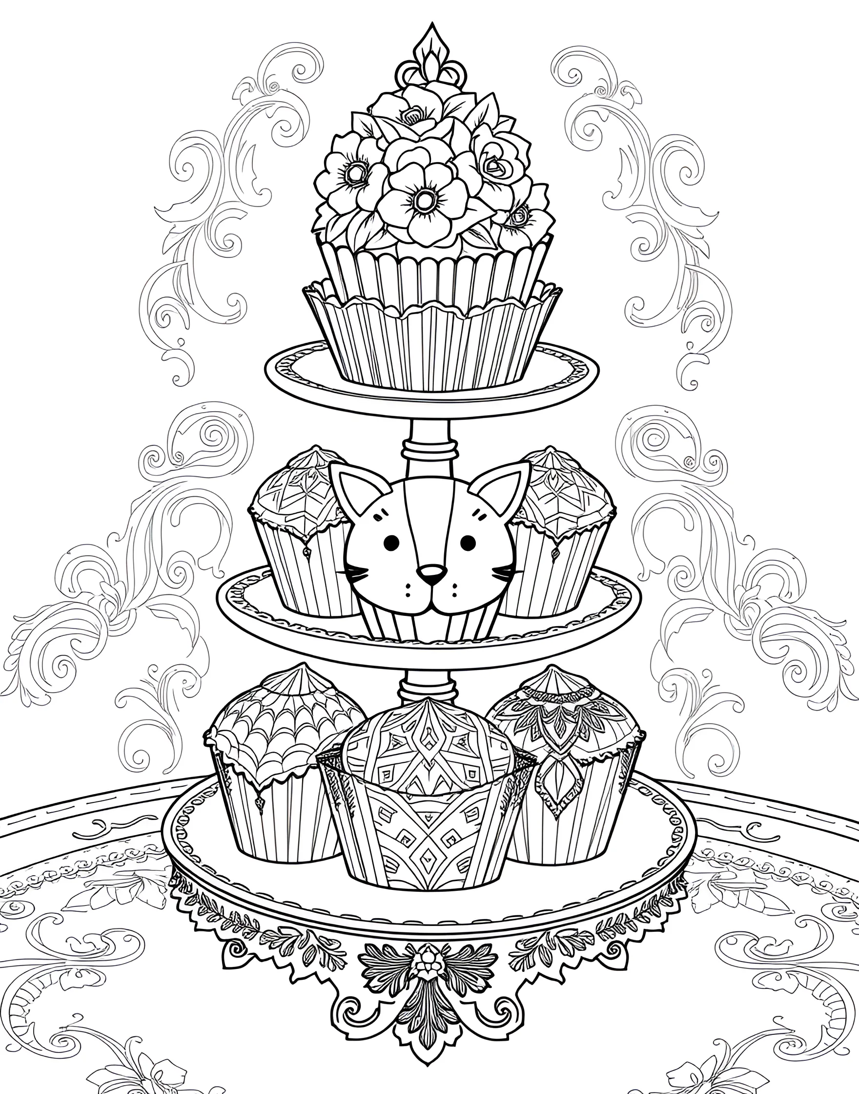 Cupcake Carousel Coloring Page -- prompt: "A display of various decorated cupcakes on a tiered stand." -- Indulge your sweet tooth with this delightful cupcake coloring page. A variety of decorated cupcakes are on display, each with its own unique toppings and designs. It's a perfect page for experimenting with different color combinations and patterns.