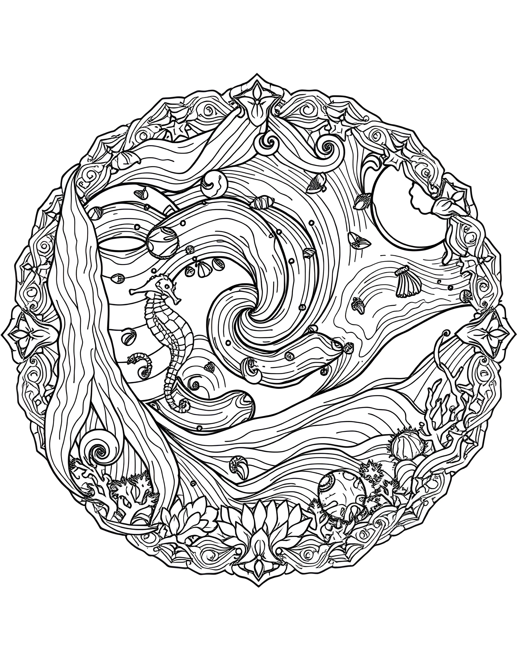 Ocean Waves Mandala Coloring Page -- prompt: "A circular mandala featuring swirling wave patterns and hidden sea creatures, evoking the rhythm and life of the ocean." -- Dive into the calming rhythms of the sea with this wave-inspired mandala. Swirling patterns mimic the ebb and flow of ocean currents, while hidden sea creatures peek out from the design. Let the soothing nature of water guide your coloring choices.