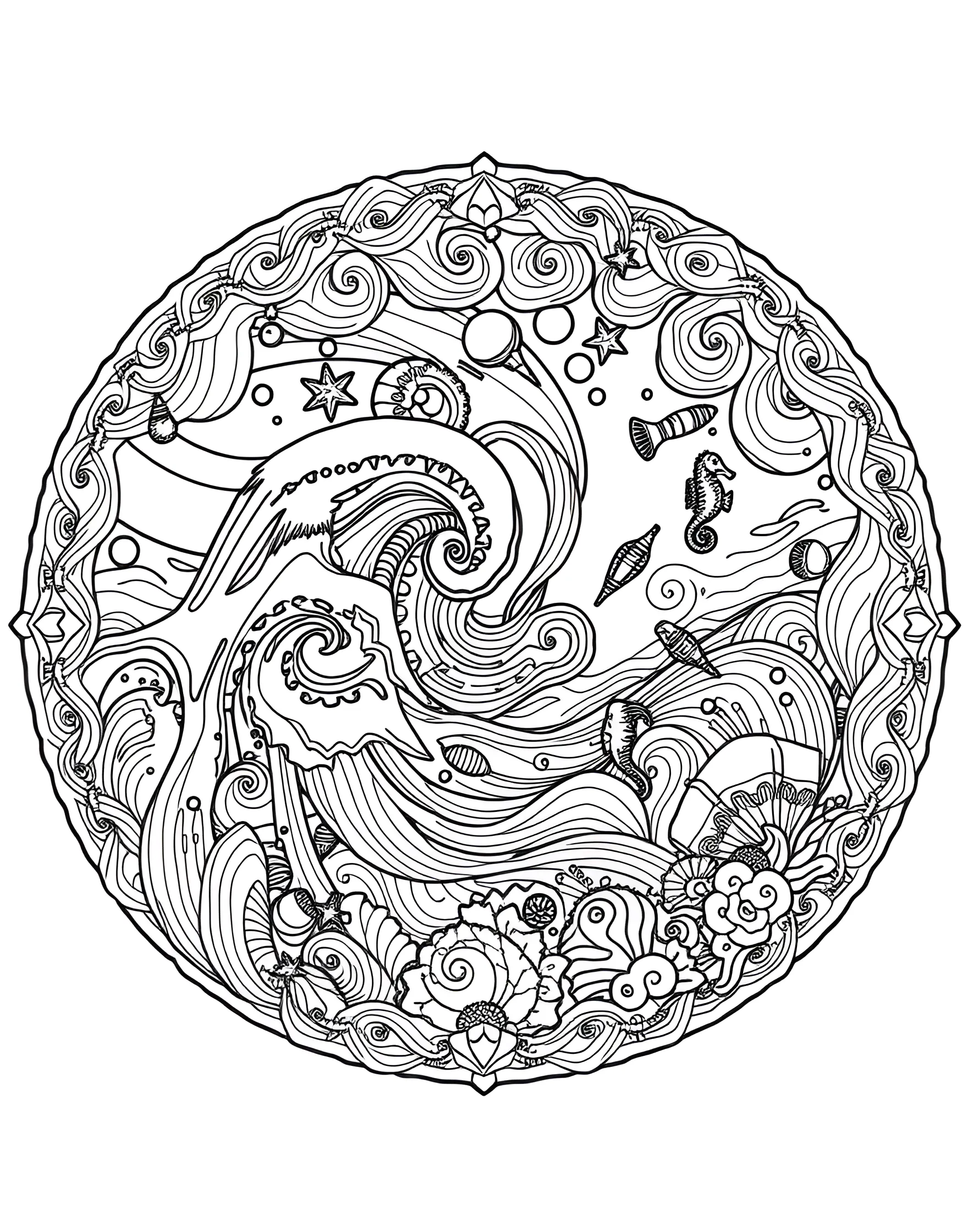 Ocean Waves Mandala Coloring Page -- prompt: "A circular mandala featuring swirling wave patterns and hidden sea creatures, evoking the rhythm and life of the ocean." -- Dive into the calming rhythms of the sea with this wave-inspired mandala. Swirling patterns mimic the ebb and flow of ocean currents, while hidden sea creatures peek out from the design. Let the soothing nature of water guide your coloring choices.