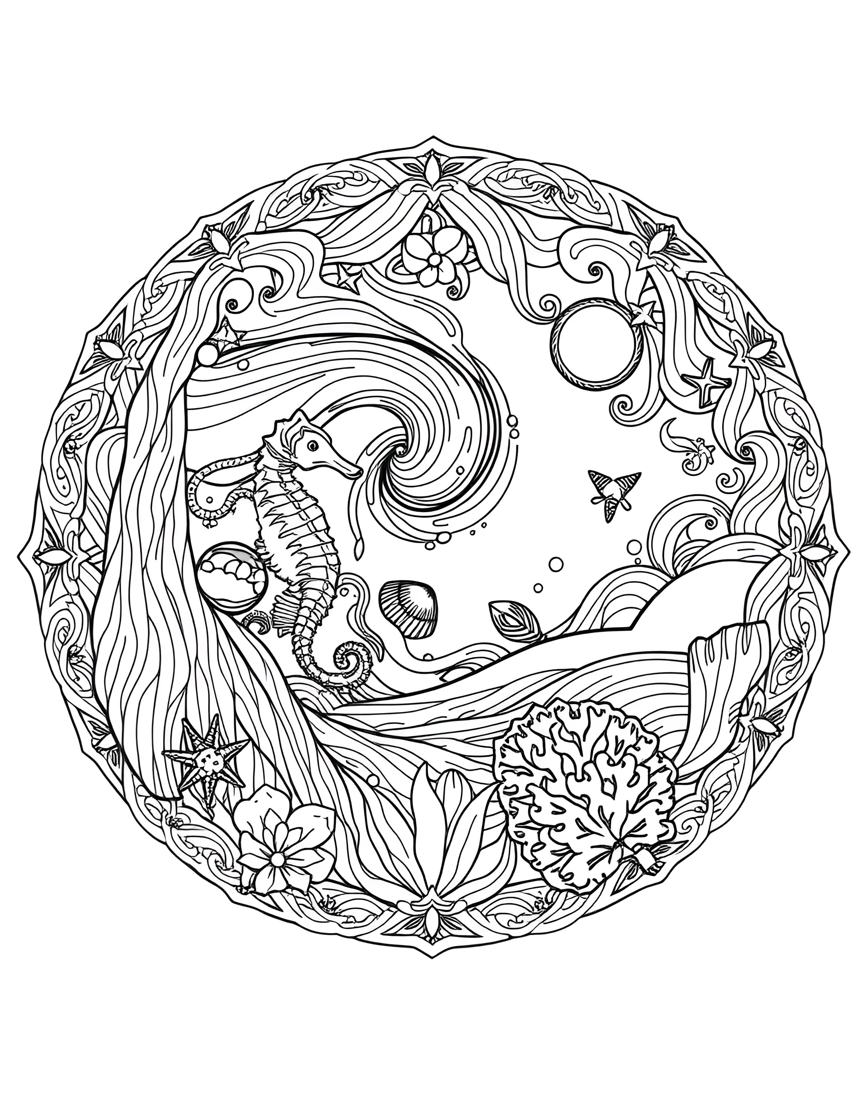 Ocean Waves Mandala Coloring Page -- prompt: "A circular mandala featuring swirling wave patterns and hidden sea creatures, evoking the rhythm and life of the ocean." -- Dive into the calming rhythms of the sea with this wave-inspired mandala. Swirling patterns mimic the ebb and flow of ocean currents, while hidden sea creatures peek out from the design. Let the soothing nature of water guide your coloring choices.