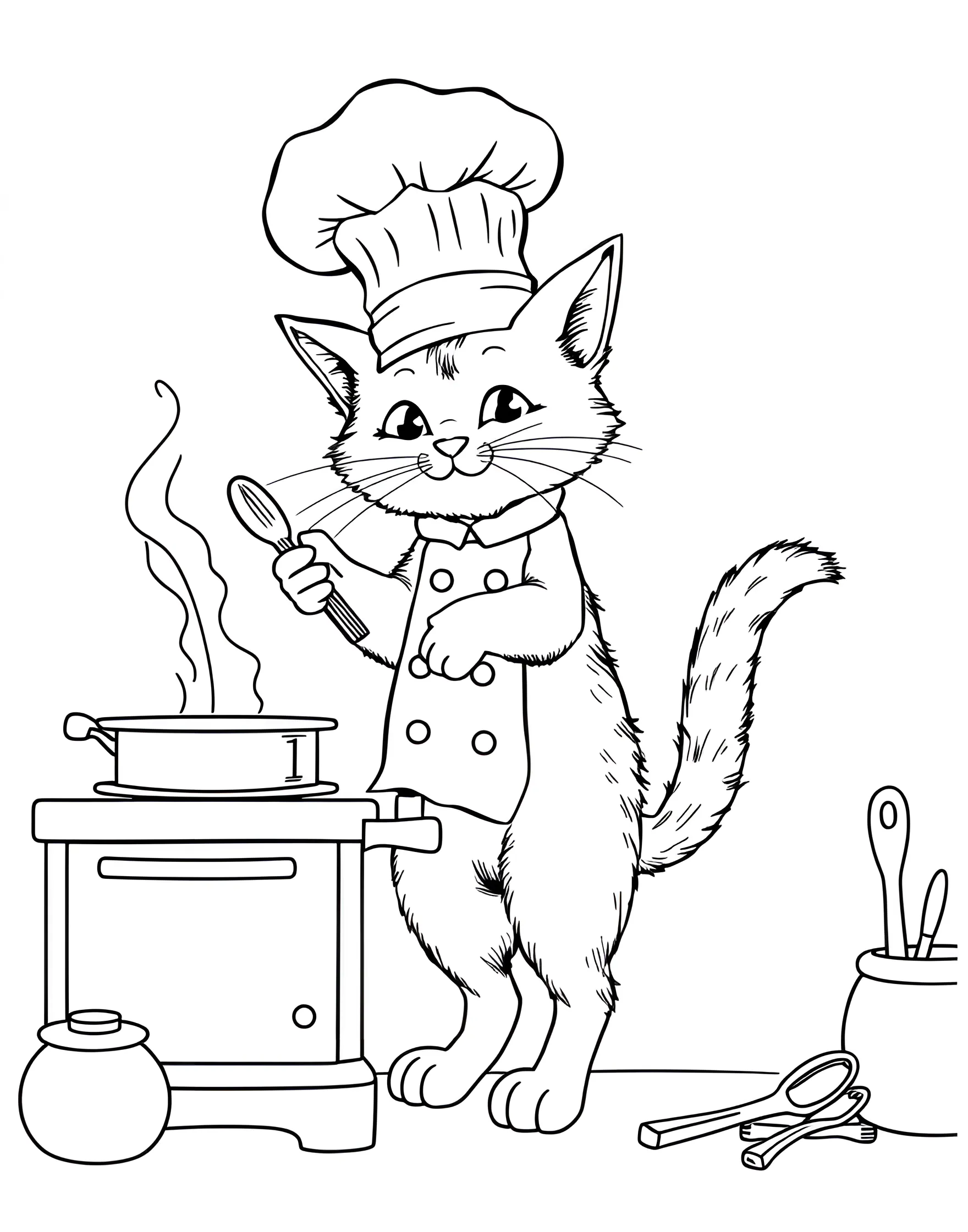 Cat Chef Cooking in Kitchen Coloring Page -- prompt: "A cat standing on its hind legs at a stove, wearing a chef's hat and stirring a pot." -- This whimsical scene features a cat wearing a chef's hat and apron, stirring a pot in the kitchen. The cat's concentrated expression and the kitchen utensils create a fun, imaginative scenario. It's great for those who love both cats and cooking.