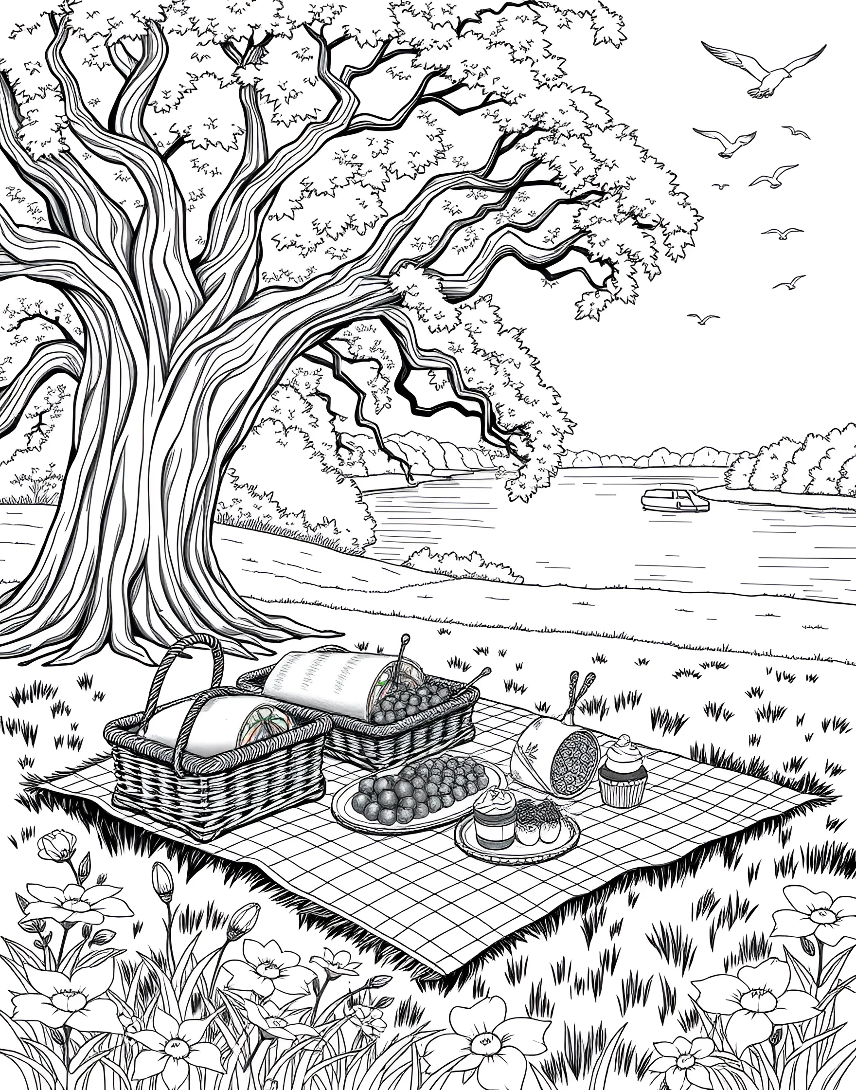 Picnic in the Park Coloring Page -- prompt: "A picnic scene in a park with a blanket spread out, food items, and surrounding nature elements." -- Enjoy an outdoor feast with this picnic-themed coloring page. A checkered blanket is spread out with an assortment of foods, drinks, and treats. The surrounding park scenery adds depth and interest to the coloring experience.