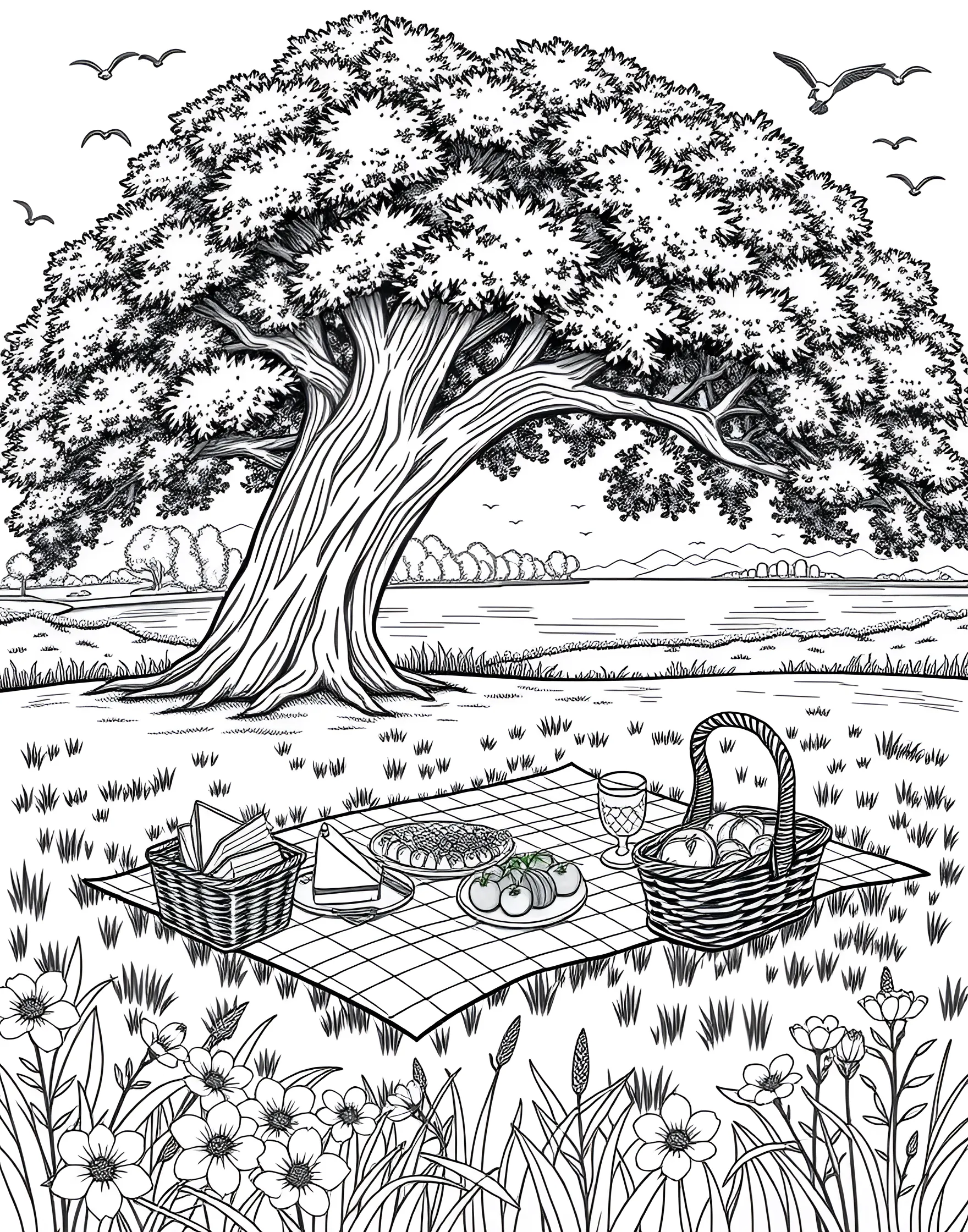 Picnic in the Park Coloring Page -- prompt: "A picnic scene in a park with a blanket spread out, food items, and surrounding nature elements." -- Enjoy an outdoor feast with this picnic-themed coloring page. A checkered blanket is spread out with an assortment of foods, drinks, and treats. The surrounding park scenery adds depth and interest to the coloring experience.