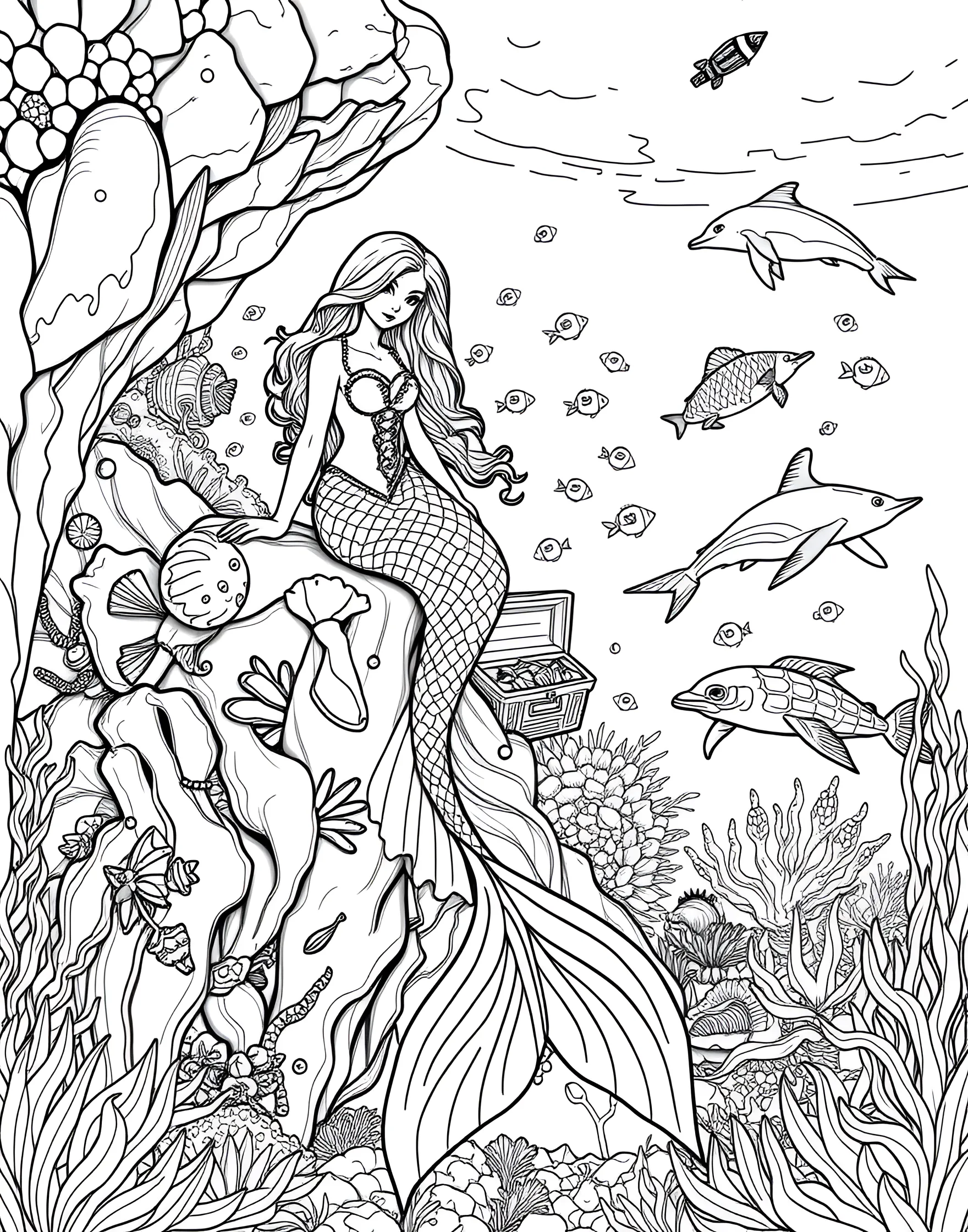 Mermaid's Cove Coloring Page -- prompt: "A mermaid sitting on a rock in a secluded cove, surrounded by sea creatures and hidden treasures." -- Dive into fantasy with this enchanting mermaid scene. The page features a beautiful mermaid perched on a rock in a secluded cove, surrounded by curious sea creatures and hidden treasures. Underwater plants and shimmering water complete this magical seaside setting.