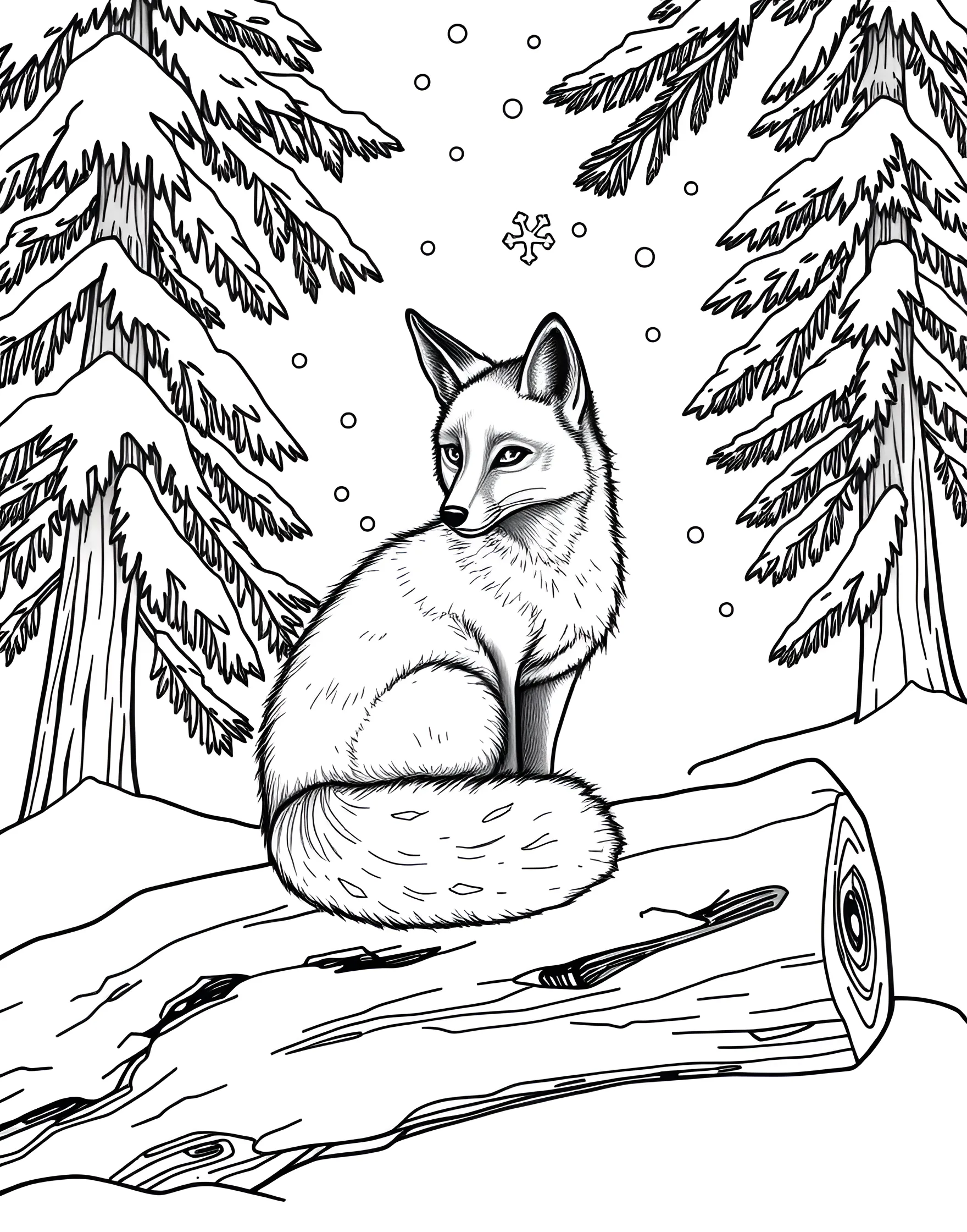 Cozy Fox in a Winter Wonderland Coloring Page -- prompt: "A fox sitting in a snowy forest with pine trees and falling snowflakes." -- This enchanting coloring page features a fluffy fox nestled in a picturesque winter scene. The fox is surrounded by snow-covered pine trees, with delicate snowflakes falling all around. It's a perfect illustration to bring the magic of winter to life with your favorite cool-toned colors.