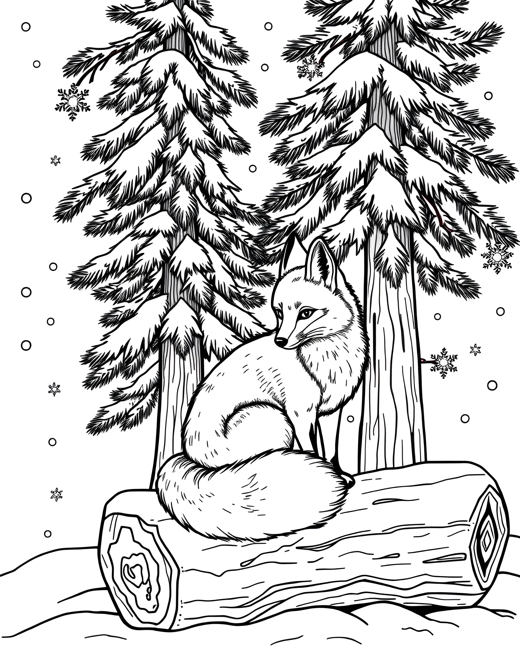 Cozy Fox in a Winter Wonderland Coloring Page -- prompt: "A fox sitting in a snowy forest with pine trees and falling snowflakes." -- This enchanting coloring page features a fluffy fox nestled in a picturesque winter scene. The fox is surrounded by snow-covered pine trees, with delicate snowflakes falling all around. It's a perfect illustration to bring the magic of winter to life with your favorite cool-toned colors.