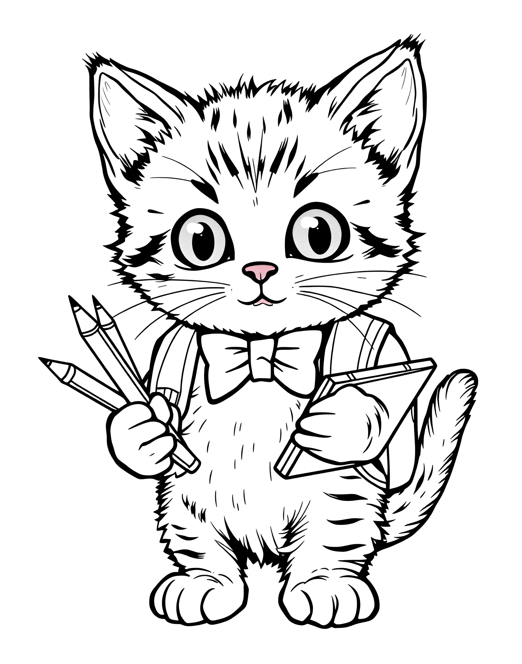 Kitten's First Day of School Coloring Page -- prompt: "A kitten wearing a backpack and holding school supplies, looking excited for the first day of school." -- Celebrate the excitement of learning with this back-to-school kitten coloring page. A eager kitten is shown wearing a backpack and holding school supplies, ready for its first day. This page is great for encouraging a positive attitude towards education.