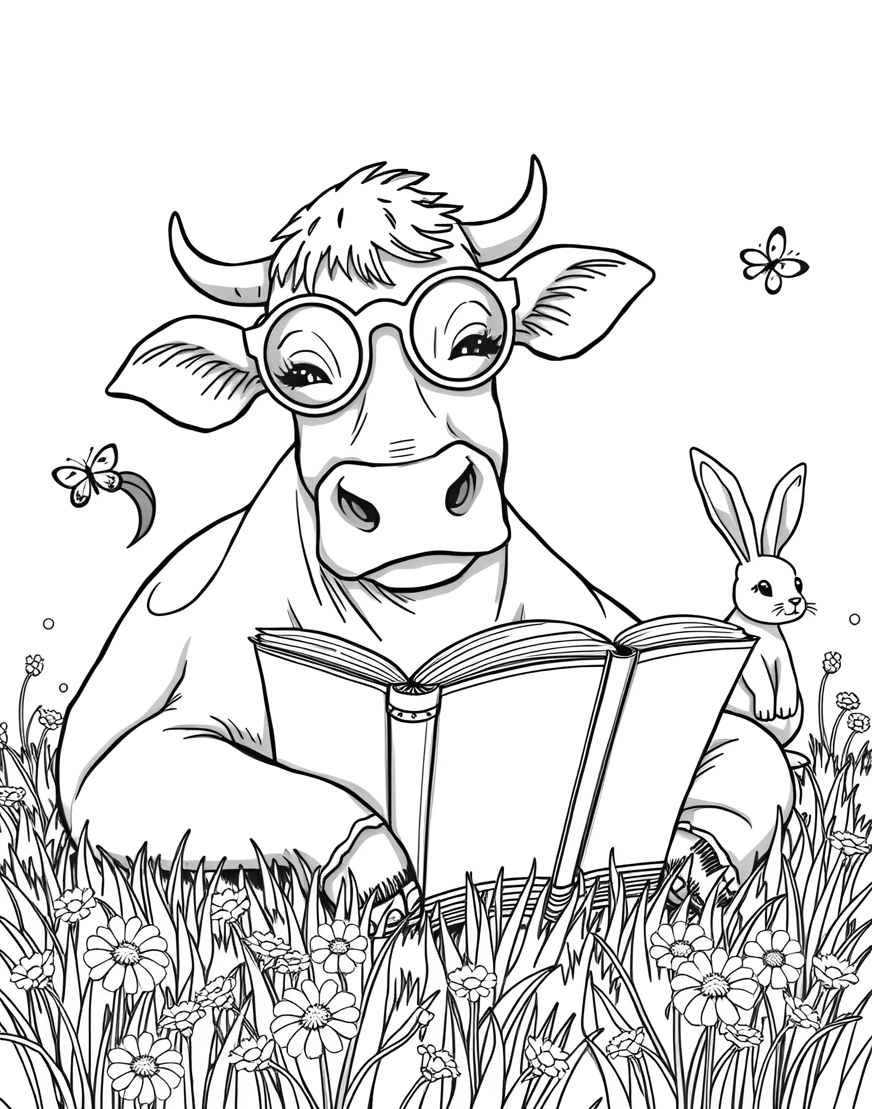 Cow Reading a Book Coloring Page -- prompt: "A cow wearing glasses and reading a book while lying in a grassy field." -- Encourage a love of reading with this charming coloring page of a cow engrossed in a book. The scene shows a comfortable cow lounging in a field, wearing glasses and holding an open book. It's a great way to combine farm themes with the joy of literature.