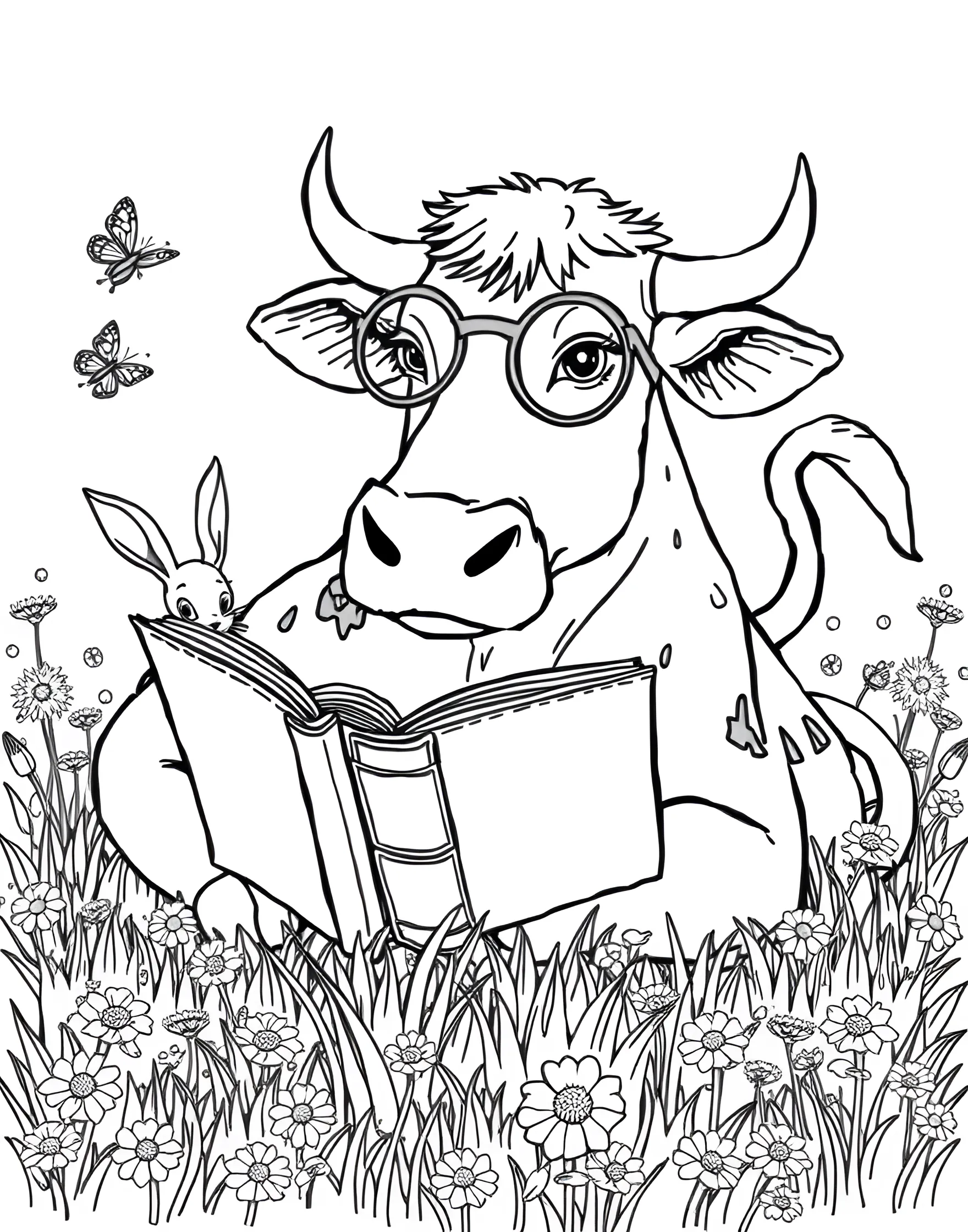 Cow Reading a Book Coloring Page -- prompt: "A cow wearing glasses and reading a book while lying in a grassy field." -- Encourage a love of reading with this charming coloring page of a cow engrossed in a book. The scene shows a comfortable cow lounging in a field, wearing glasses and holding an open book. It's a great way to combine farm themes with the joy of literature.