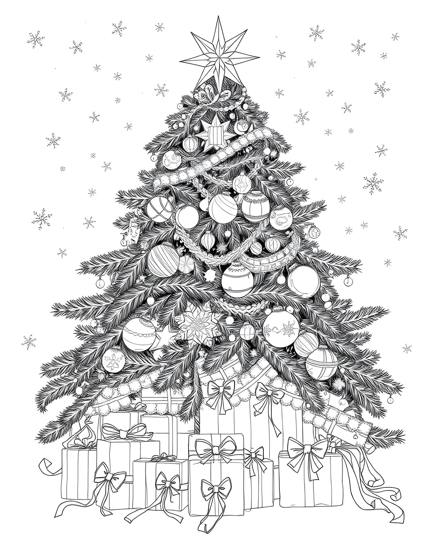 Festive Christmas Tree Decorating Coloring Page -- prompt: "A Christmas tree decorated with ornaments, garlands, and a star, with presents underneath." -- Bring a Christmas tree to life with your own color choices in this merry coloring page. The tree stands tall, adorned with ornaments, garlands, and a shining star on top. Presents are piled underneath, waiting to be opened on Christmas morning.