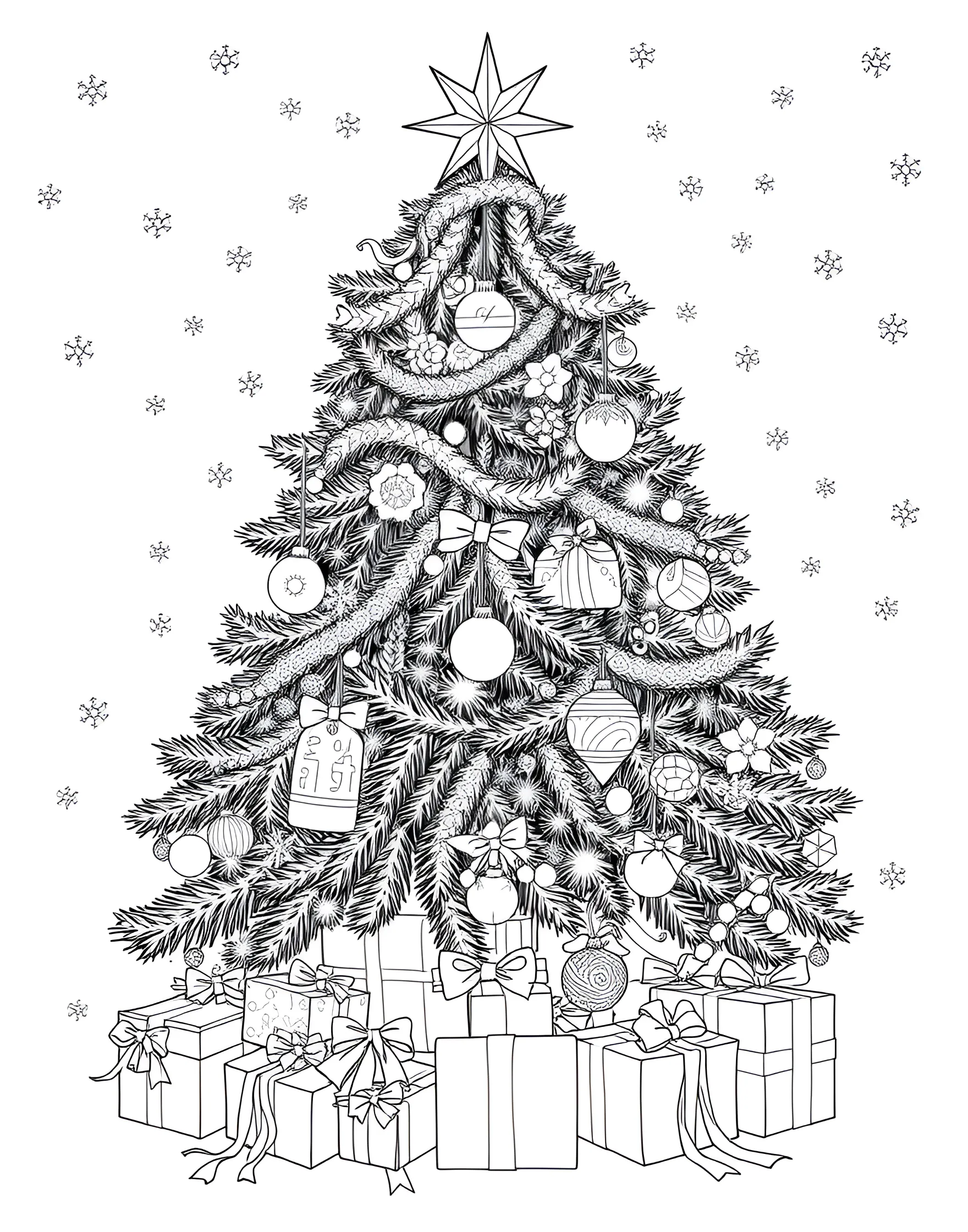 Festive Christmas Tree Decorating Coloring Page -- prompt: "A Christmas tree decorated with ornaments, garlands, and a star, with presents underneath." -- Bring a Christmas tree to life with your own color choices in this merry coloring page. The tree stands tall, adorned with ornaments, garlands, and a shining star on top. Presents are piled underneath, waiting to be opened on Christmas morning.