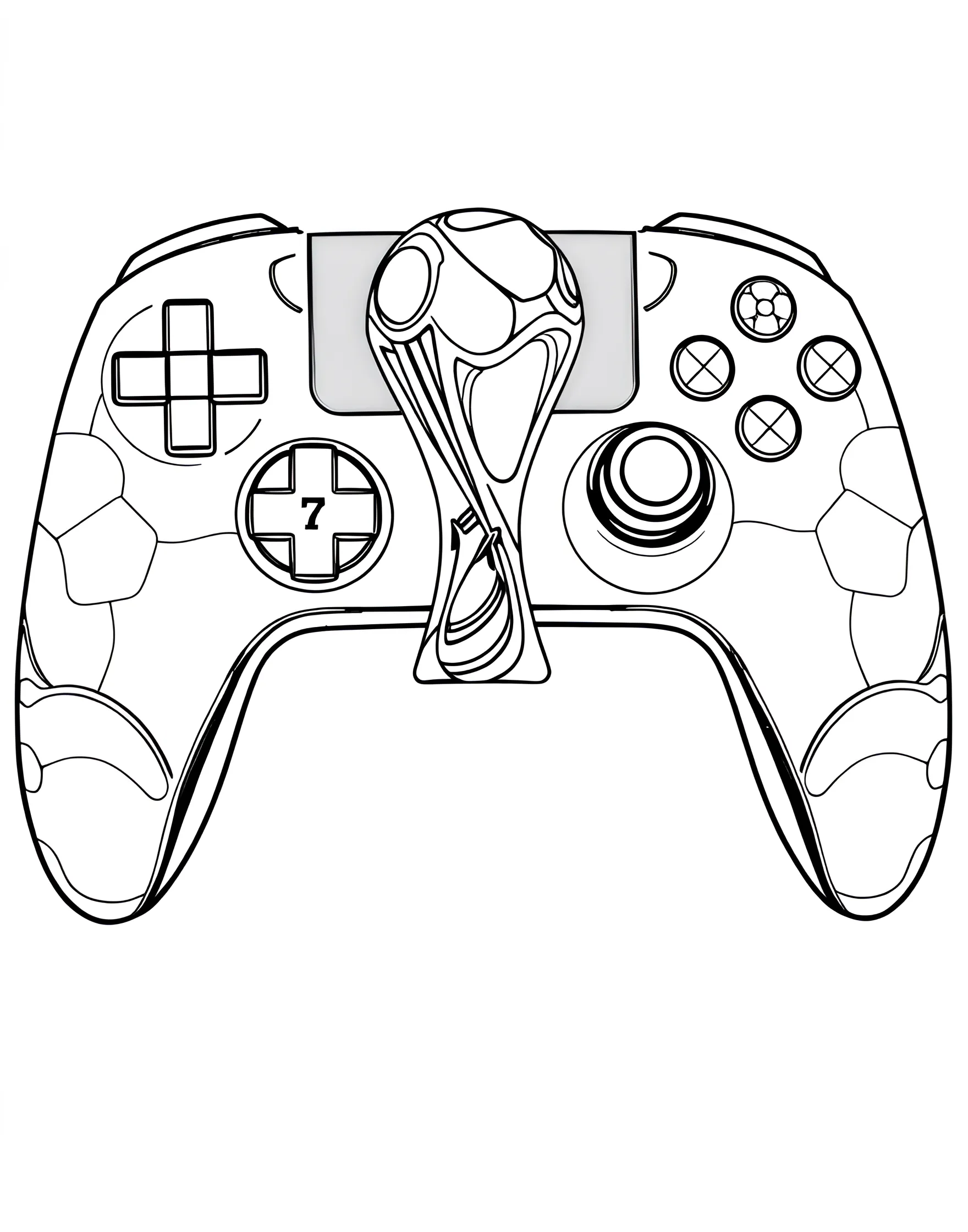 Soccer Video Game Controller Coloring Page -- prompt: "A video game controller with soccer-themed buttons and design elements." -- This modern coloring page features a video game controller with soccer-themed buttons. It combines the world of soccer with gaming, appealing to fans of both. The detailed buttons and joysticks offer intricate coloring opportunities.