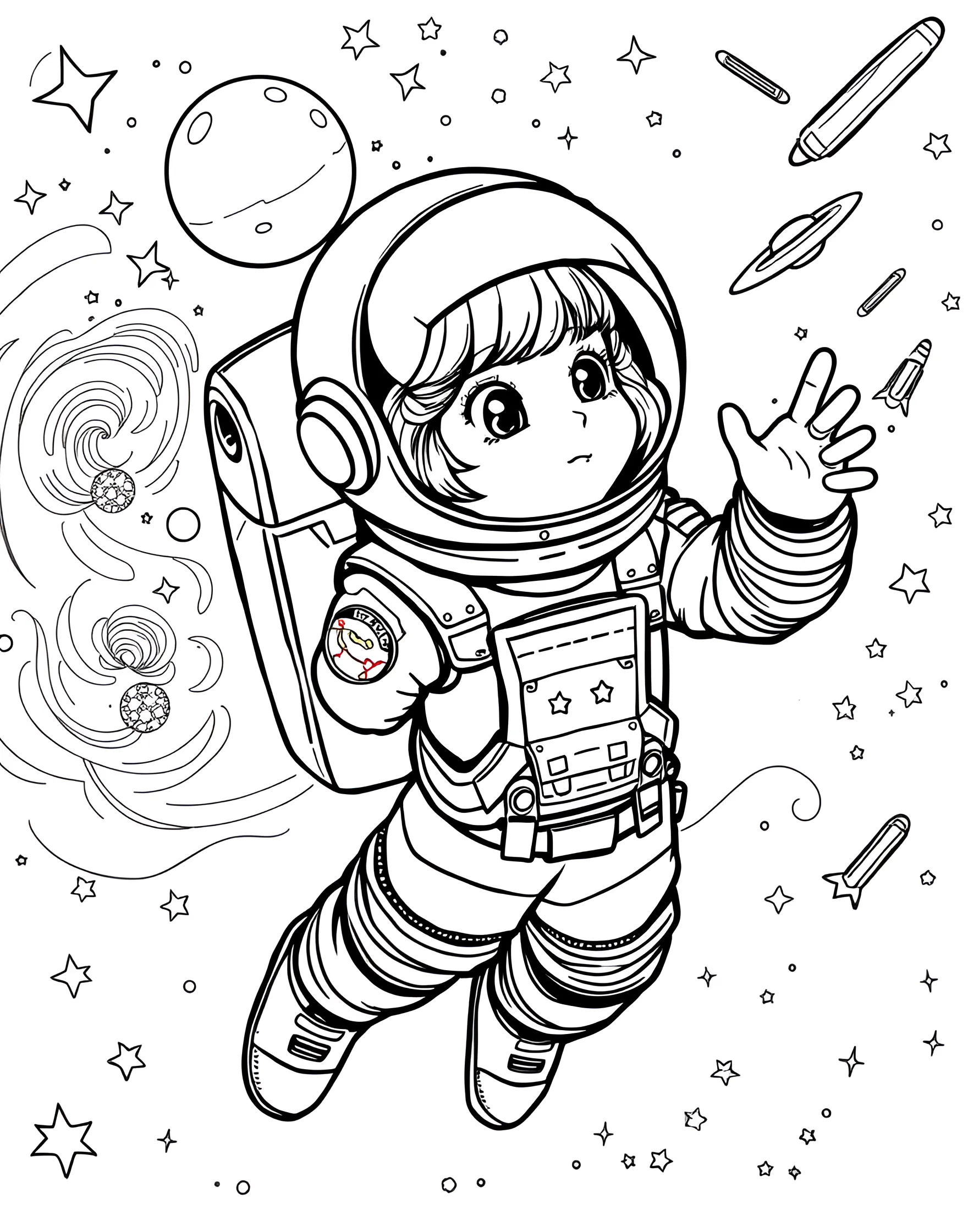 Girl Astronaut Exploring Space Coloring Page -- prompt: "A girl astronaut in a spacesuit floating in space, surrounded by stars and planets." -- This out-of-this-world coloring page features a girl astronaut floating in space. With stars and planets in the background, she's reaching out to plant a flag on a new world. It's an inspiring image that shows girls can reach for the stars – literally!