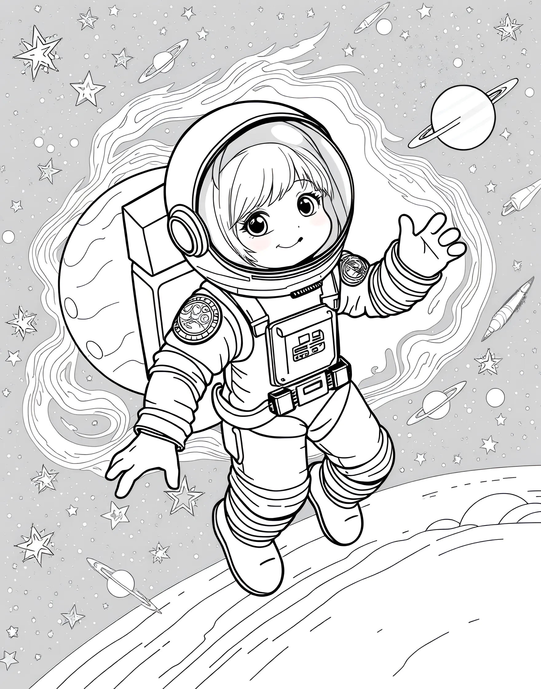 Girl Astronaut Exploring Space Coloring Page -- prompt: "A girl astronaut in a spacesuit floating in space, surrounded by stars and planets." -- This out-of-this-world coloring page features a girl astronaut floating in space. With stars and planets in the background, she's reaching out to plant a flag on a new world. It's an inspiring image that shows girls can reach for the stars – literally!