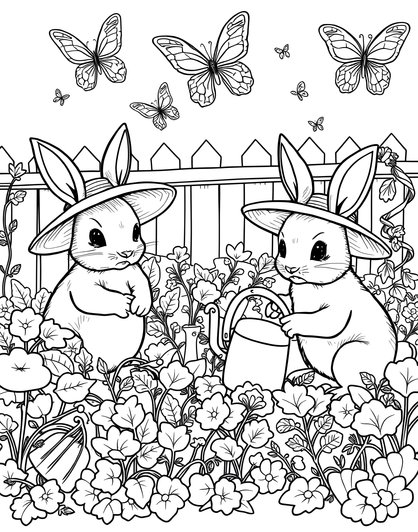 Bunny's Carrot Garden Adventure Coloring Page -- prompt: "Cute bunnies working in a carrot garden with gardening tools and butterflies." -- Hop into cuteness with this adorable coloring page showcasing a family of bunnies in their bountiful carrot garden. The bunnies are shown planting, watering, and harvesting carrots, with cute details like watering cans, baskets, and butterfly friends. This page celebrates the joy of gardening with a touch of bunny charm.