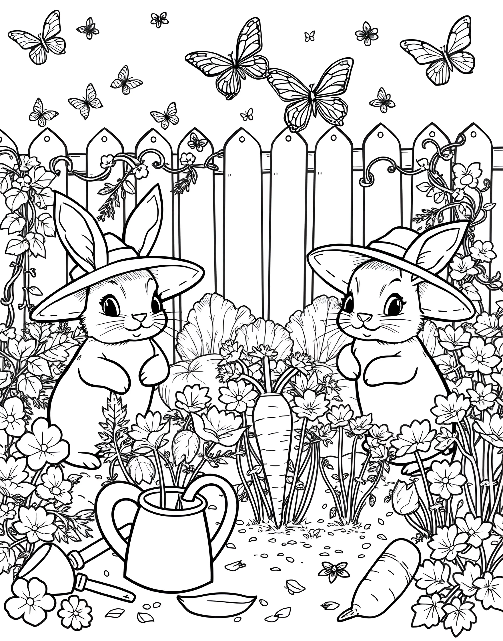 Bunny's Carrot Garden Adventure Coloring Page -- prompt: "Cute bunnies working in a carrot garden with gardening tools and butterflies." -- Hop into cuteness with this adorable coloring page showcasing a family of bunnies in their bountiful carrot garden. The bunnies are shown planting, watering, and harvesting carrots, with cute details like watering cans, baskets, and butterfly friends. This page celebrates the joy of gardening with a touch of bunny charm.