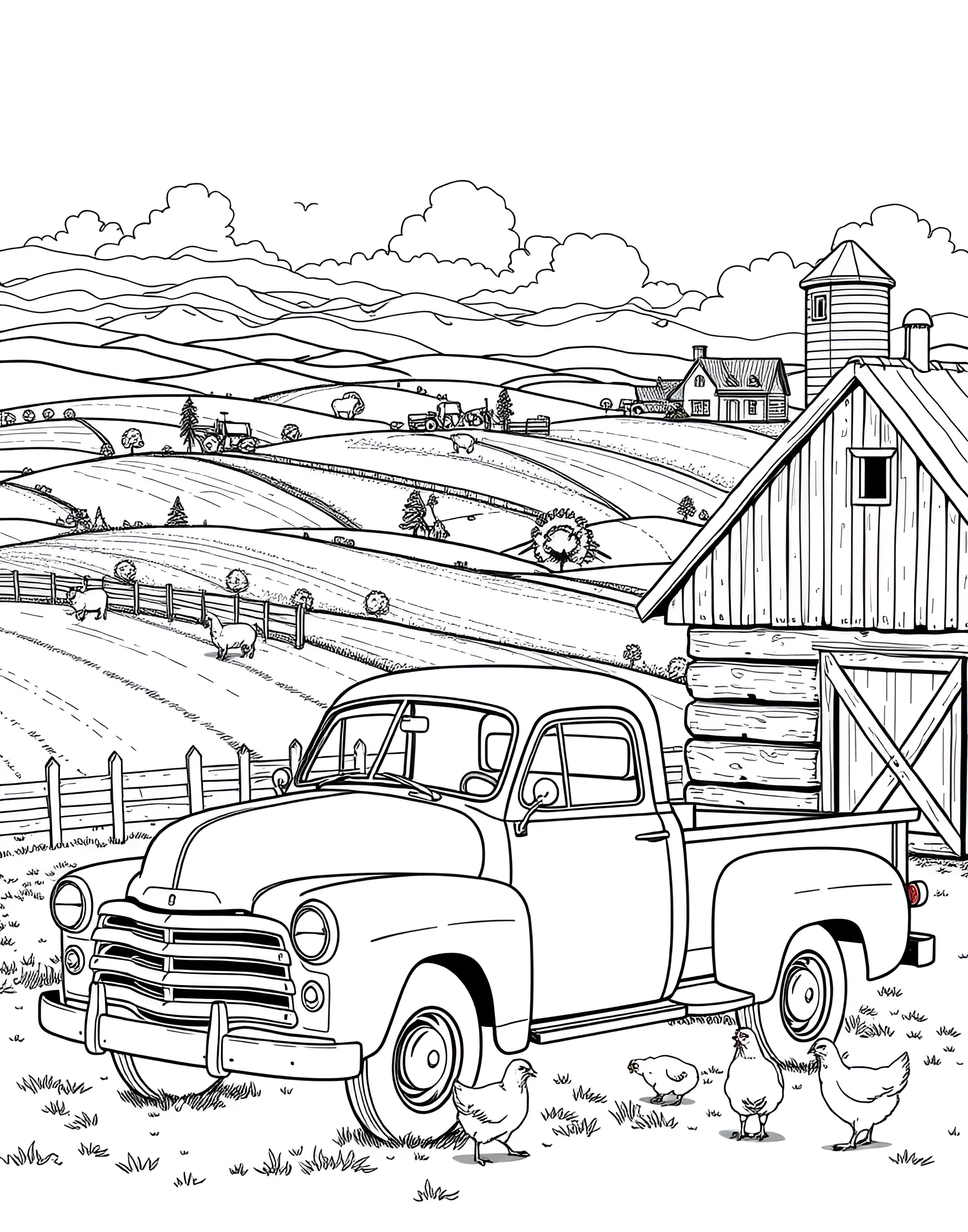 Vintage Pickup Truck on the Farm Coloring Page -- prompt: "An old pickup truck parked near a barn on a farm with animals and fields visible." -- This charming coloring page showcases a classic pickup truck parked on a rustic farm. The detailed vintage vehicle is surrounded by elements of farm life, including a red barn, bales of hay, and grazing animals. It's a delightful choice for those who appreciate the nostalgia of rural Americana.